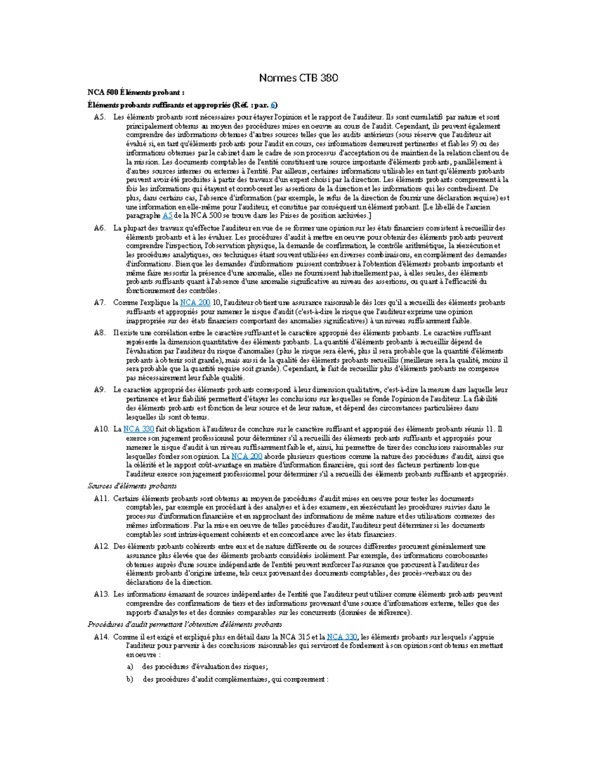 Normes CTB 380 NCA 500 : Éléments Probants Suffisants et Appropriés ...