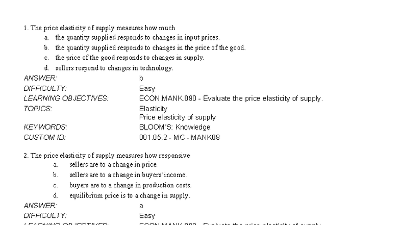 ECON.MANK.090 Elasticity of Supply: Multiple Choice Questions - Studocu