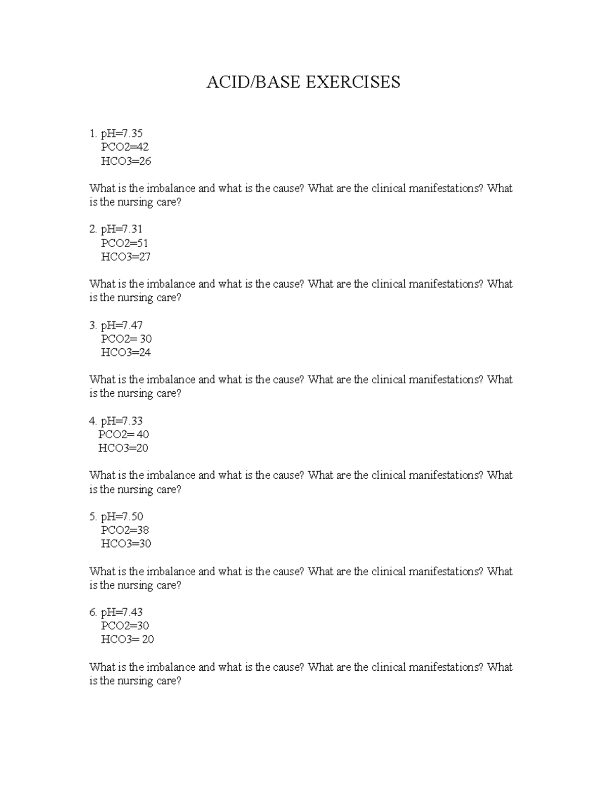 ACID-Base Practice Exercises 9-08: Imbalances & Nursing Care Guide ...