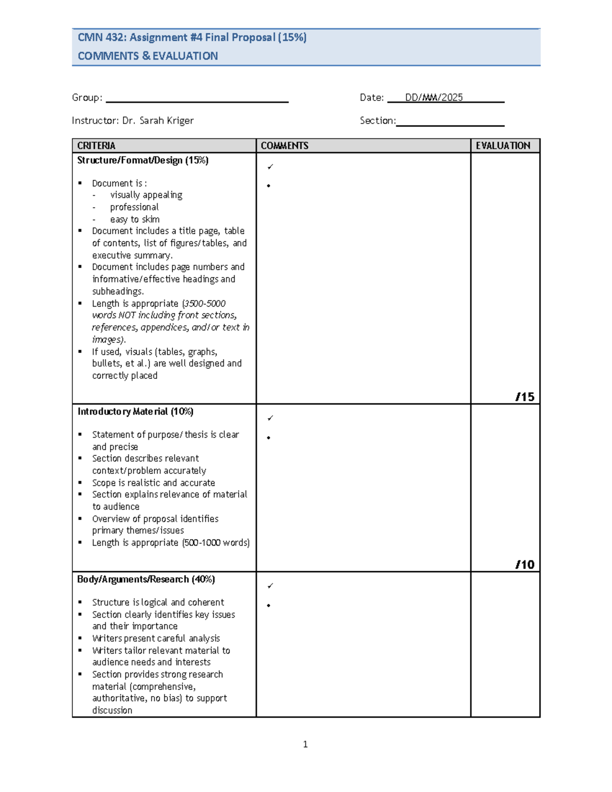 CMN 432: Final Proposal Evaluation Rubric - W2025 - Studocu