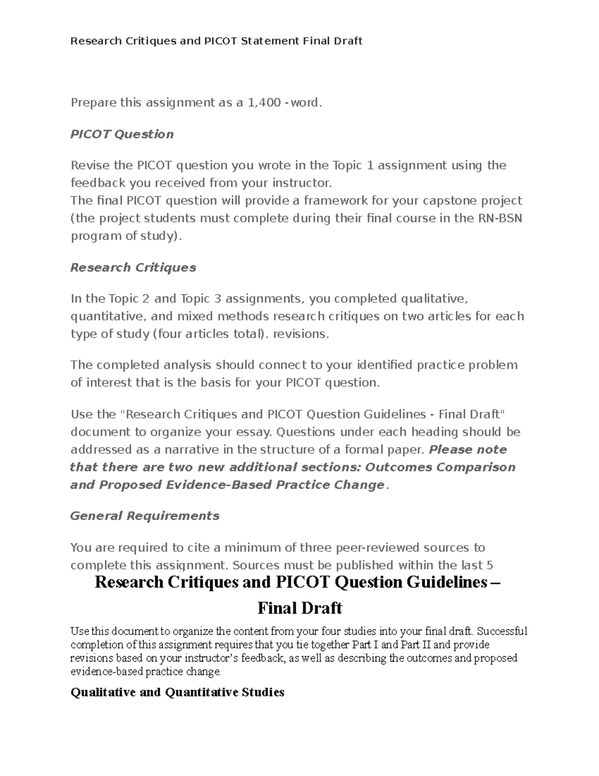 Final Draft - Research Critique and PICOT Guidelines (RN-BSN) - Studocu