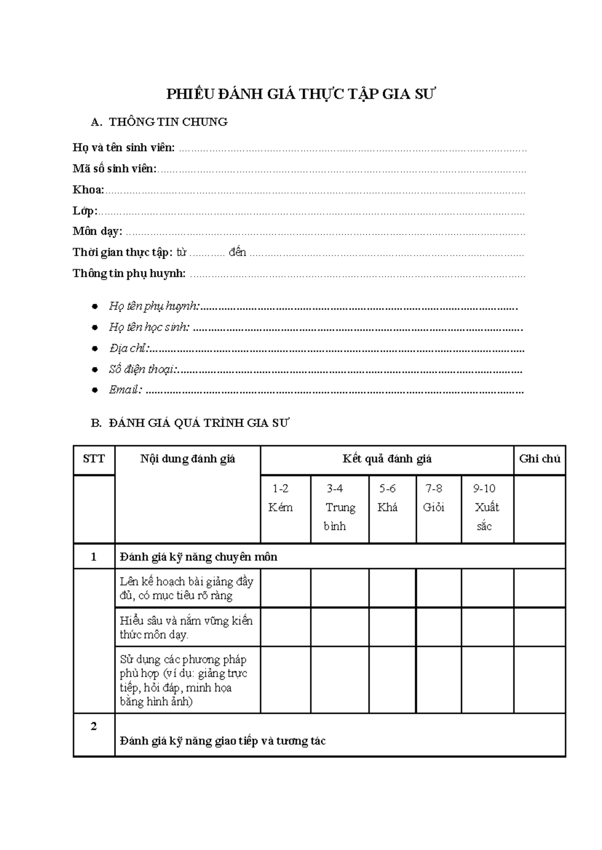 PHIẾU ĐÁNH GIÁ THỰC TẬP GIA SƯ - THÔNG TIN VÀ ĐÁNH GIÁ - Document Preview