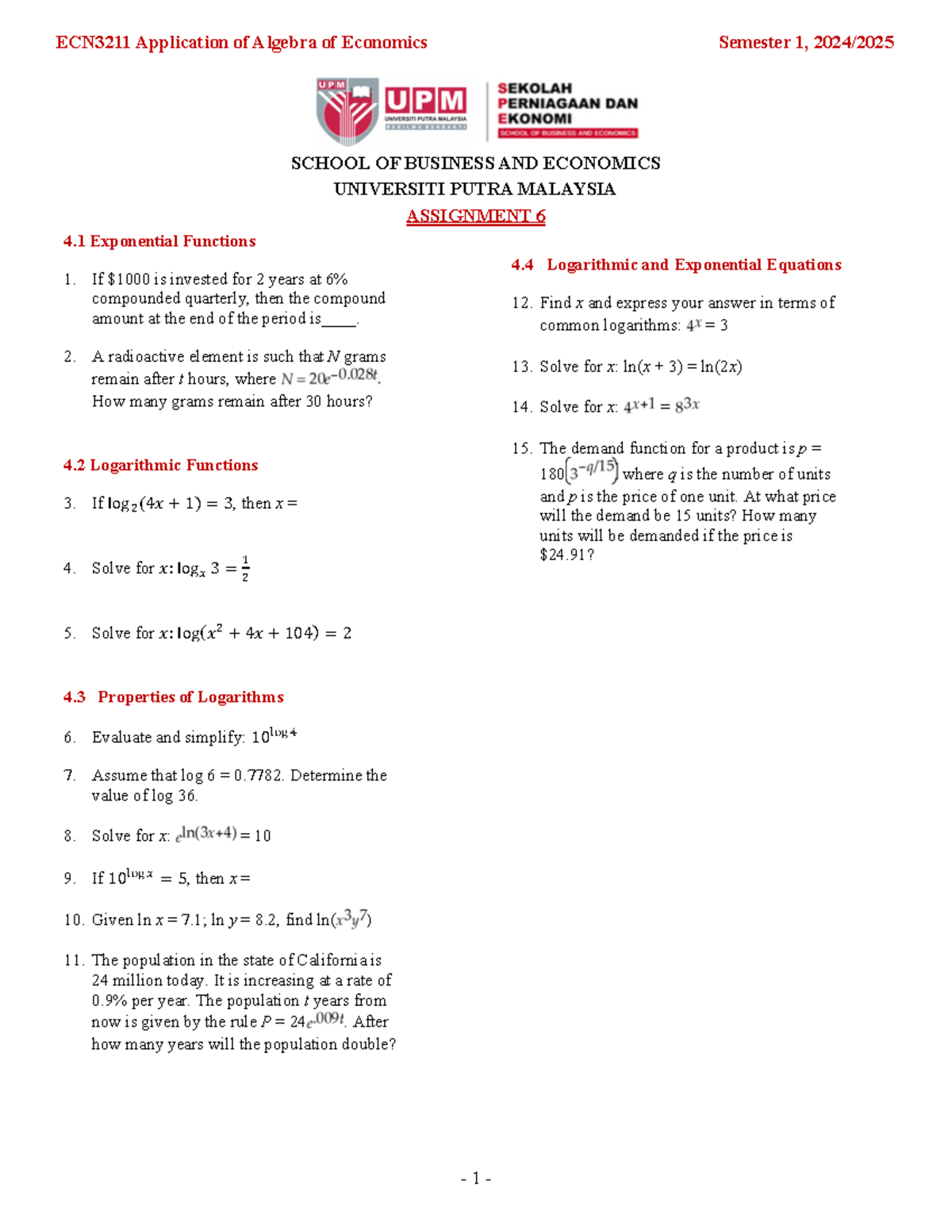 Homework 6 - dr wency - ECN3211 Application of Algebra of Economics ...