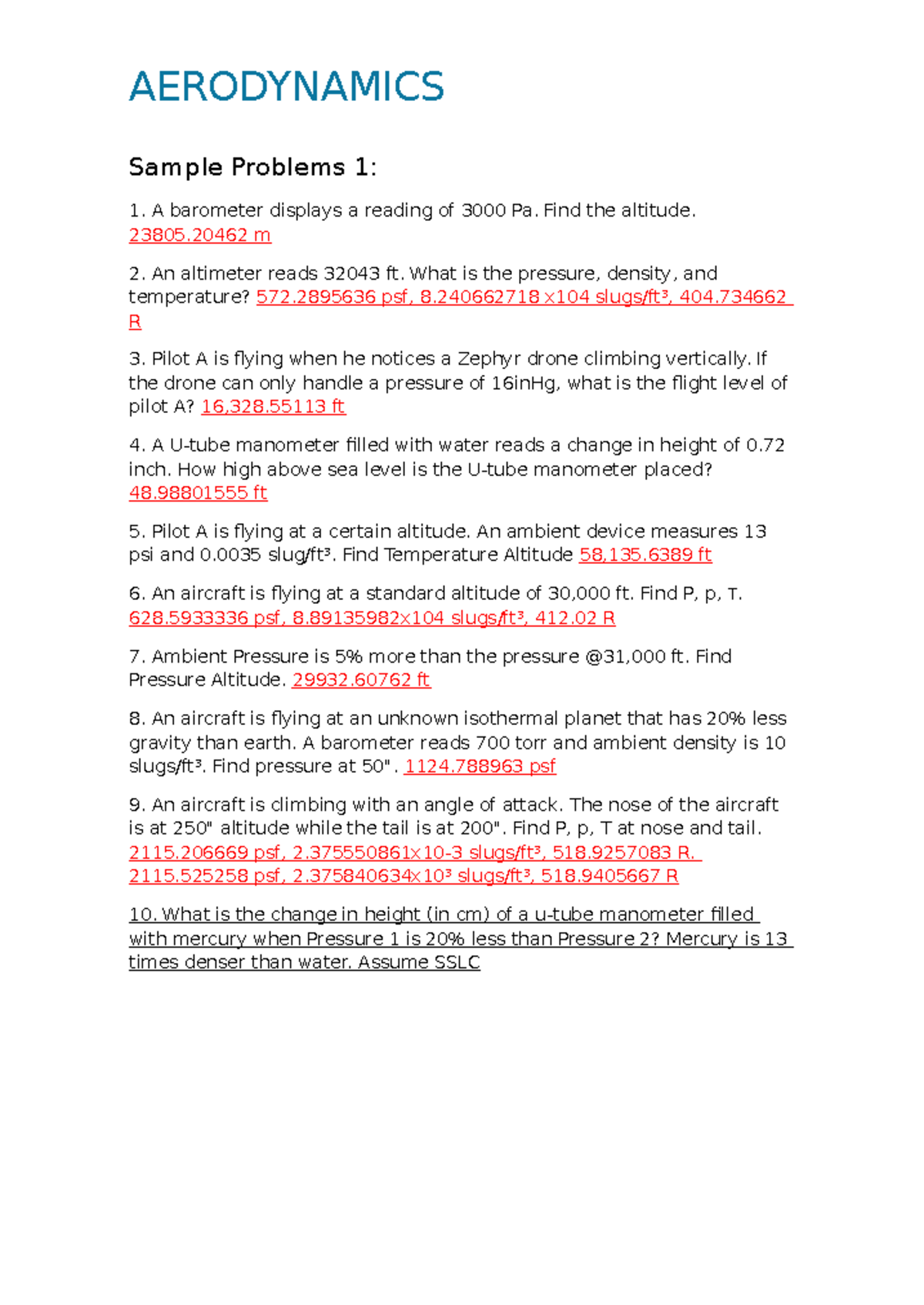 AERODYNAMICS Sample Problems 1: Pressure, Altitude, and Density ...