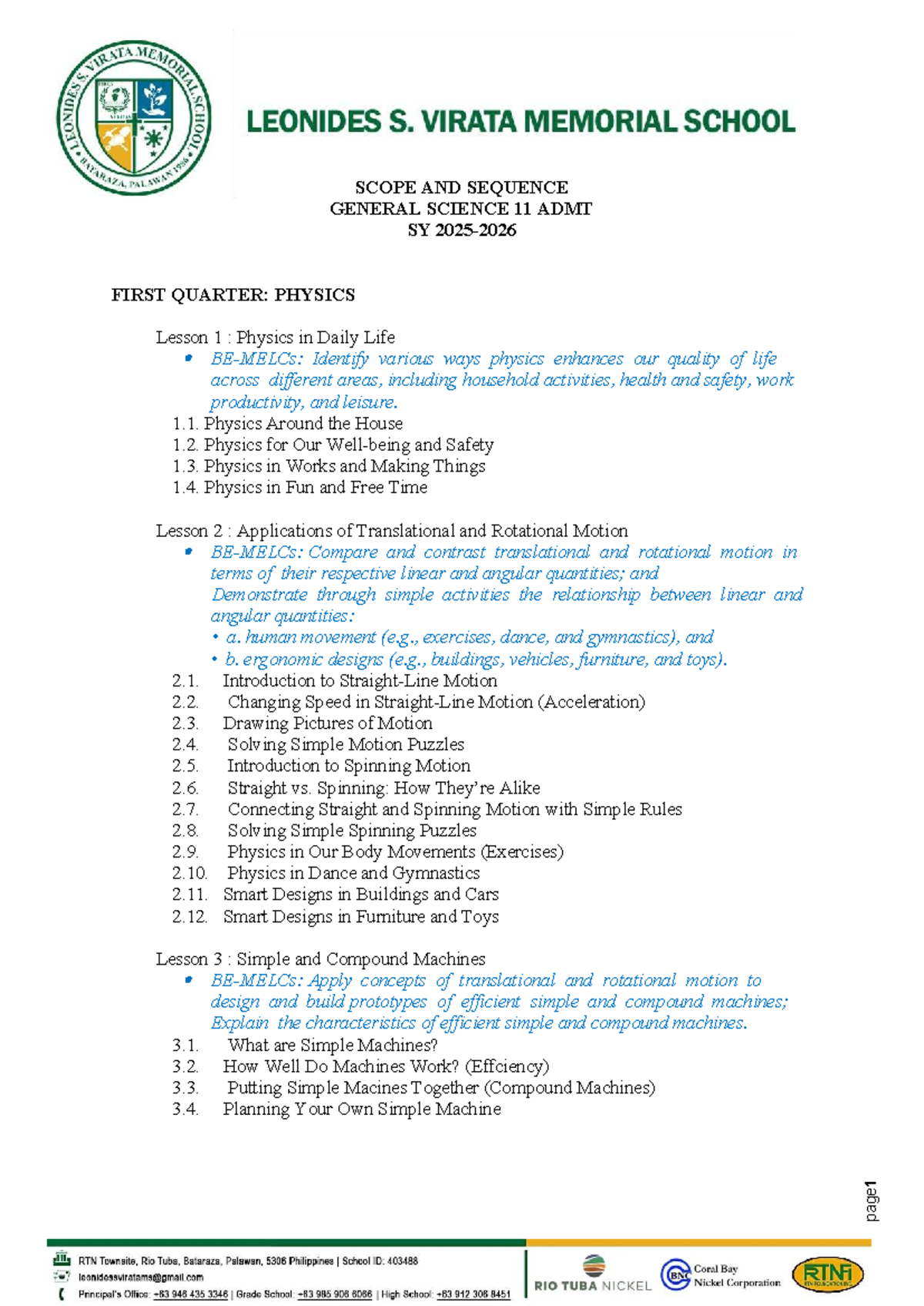 SCOPE AND SEQUENCE GENERAL SCIENCE 11 ADMT SY FIRST QUARTER: PHYSICS ...