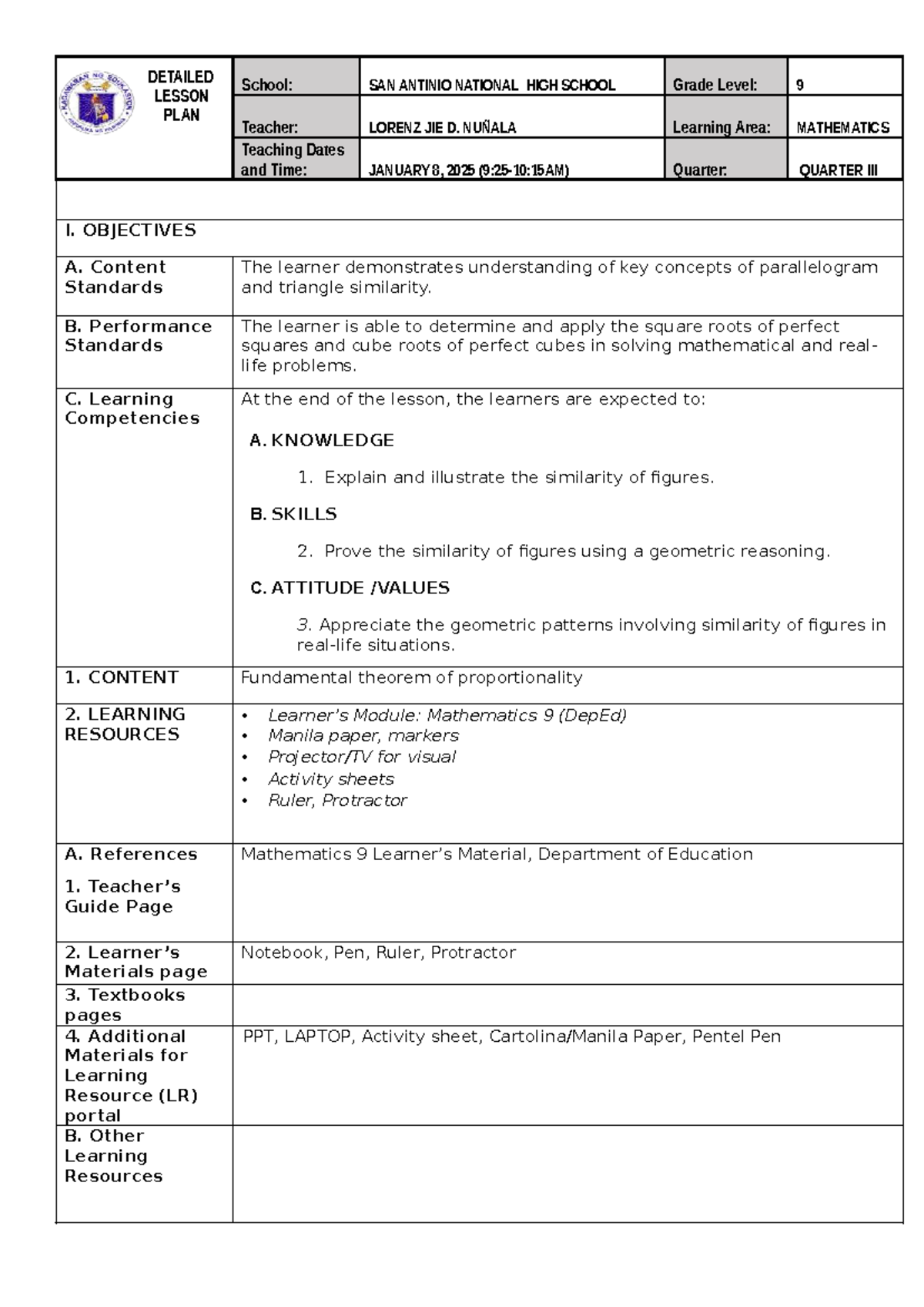 MATHEMATICS 9: DETAILED LESSON PLAN ON SIMILARITY OF FIGURES - Studocu