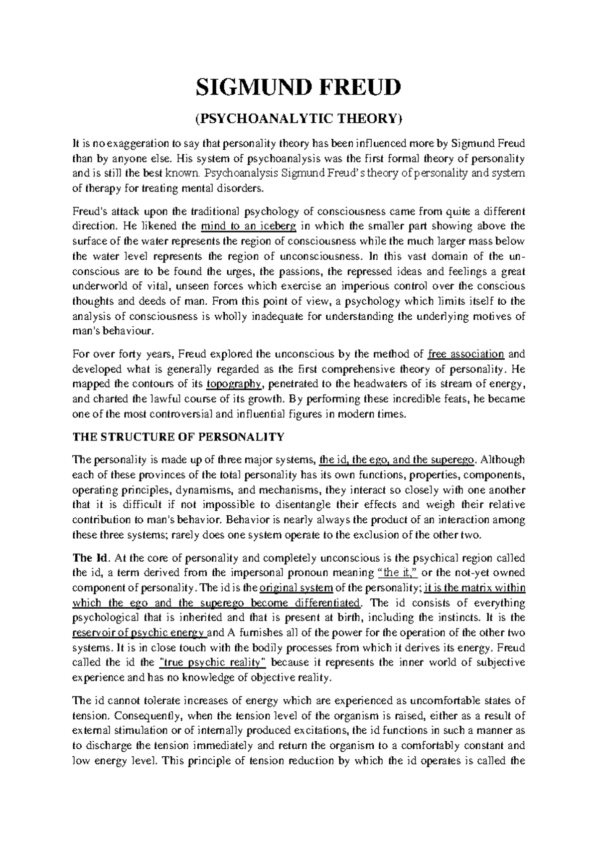 Freud's Psychoanalytic Theory: Lecture Notes (PSY 101) - Studocu