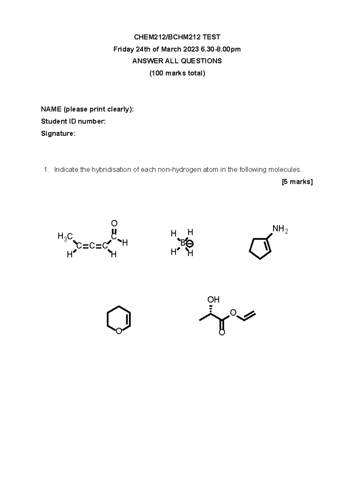 CHEM 212 - Test 2023: Resonance, Sterics & Electronics Analysis - Studocu