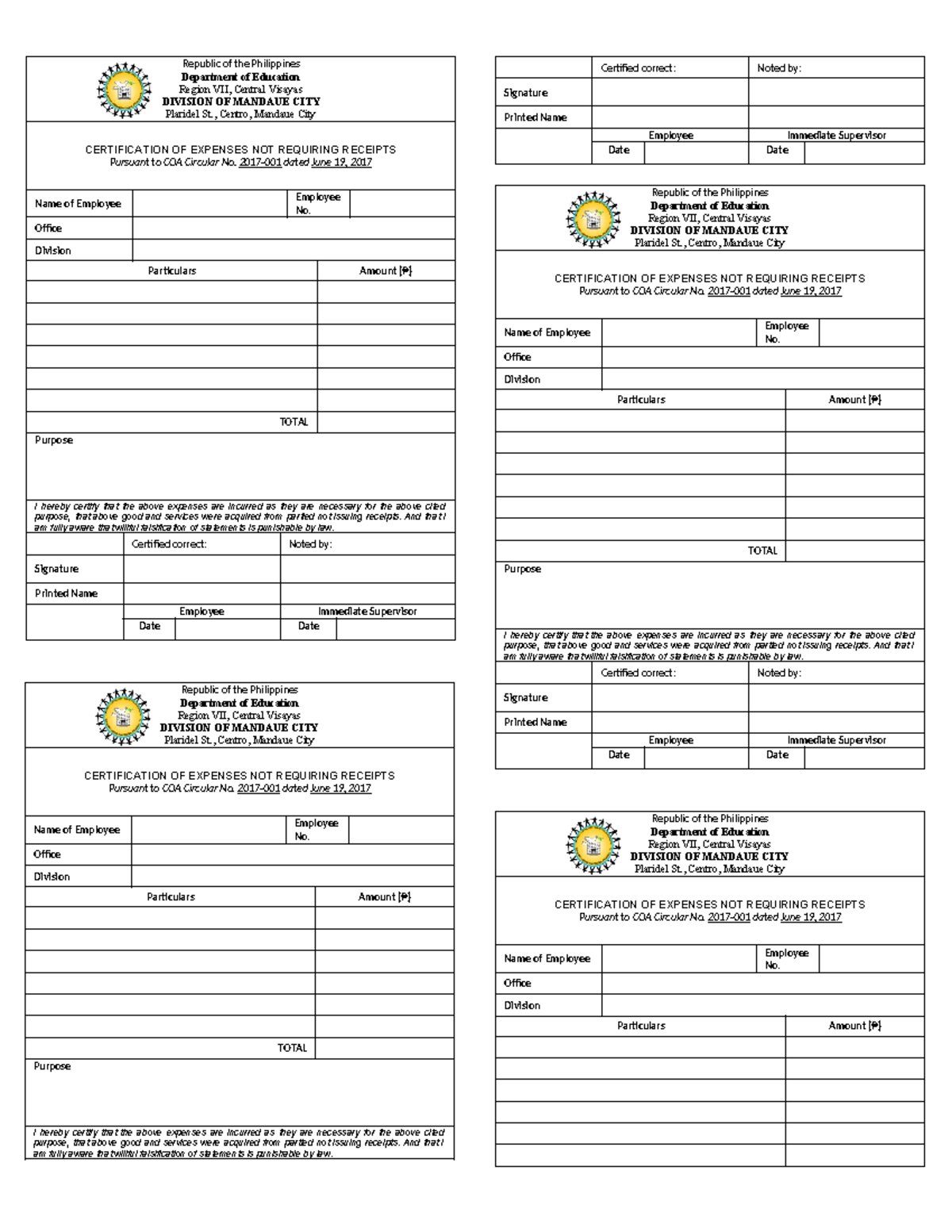 Certification of Expenses Not Requiring Receipts - Annex A - Studocu