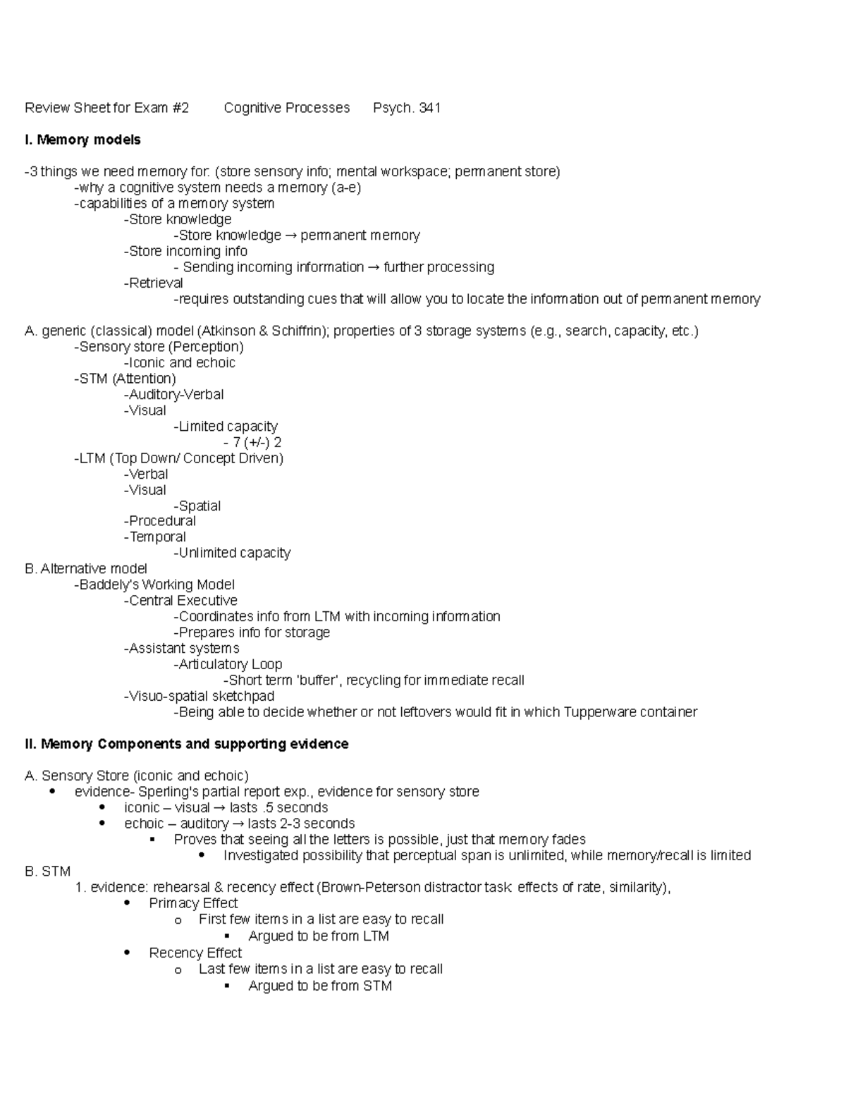 Review Exam 2 - Study Guide Exam 2 - Review Sheet for Exam #2 Cognitive ...