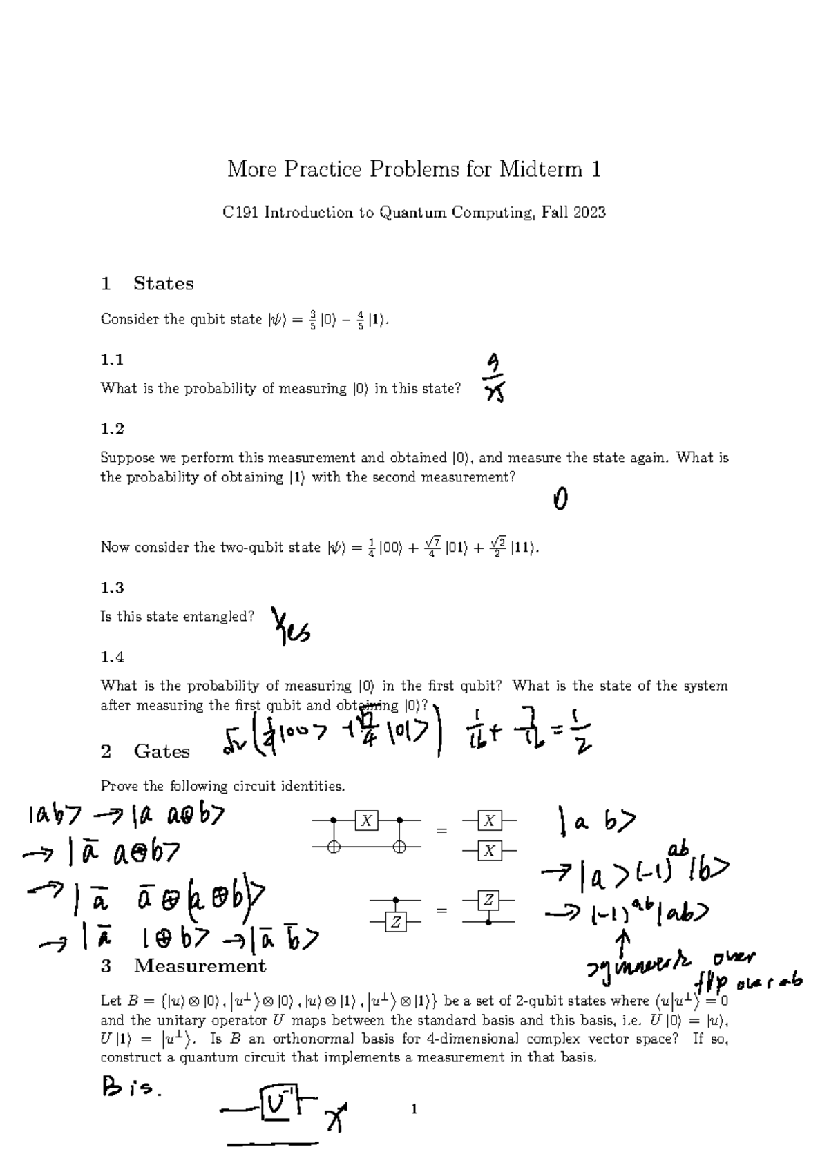 QC Prac A 01 - Quantum Computing Midterm1 practice problems - More ...