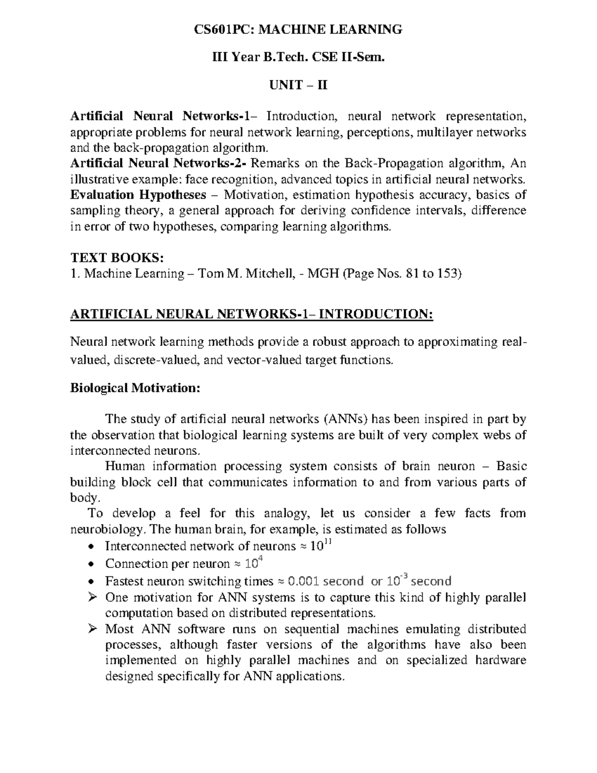 CS601PC: ML UNIT II Lecture Notes on Artificial Neural Networks - Studocu