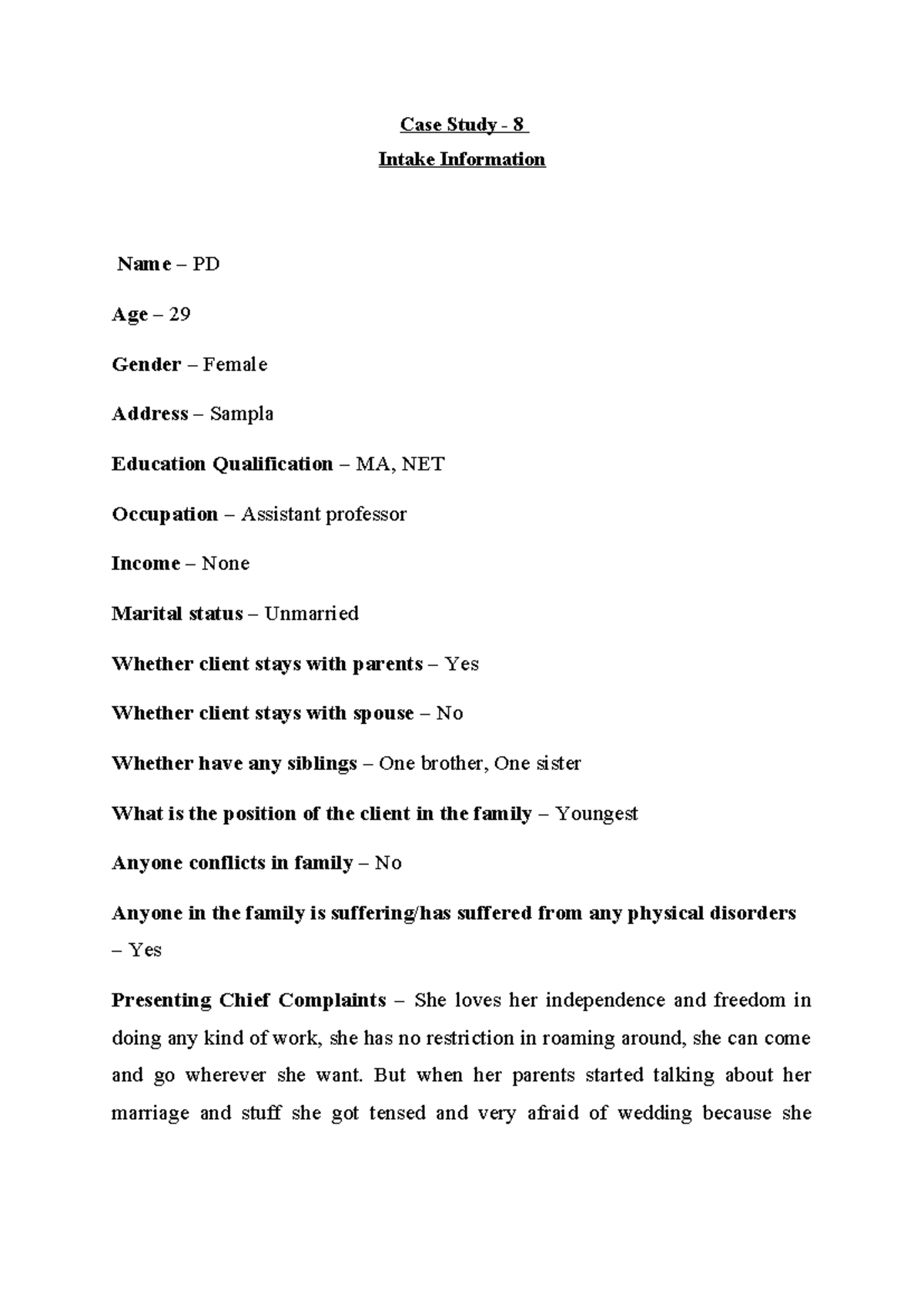 Case study 8: Intake information and counseling sessions for PD - Studocu