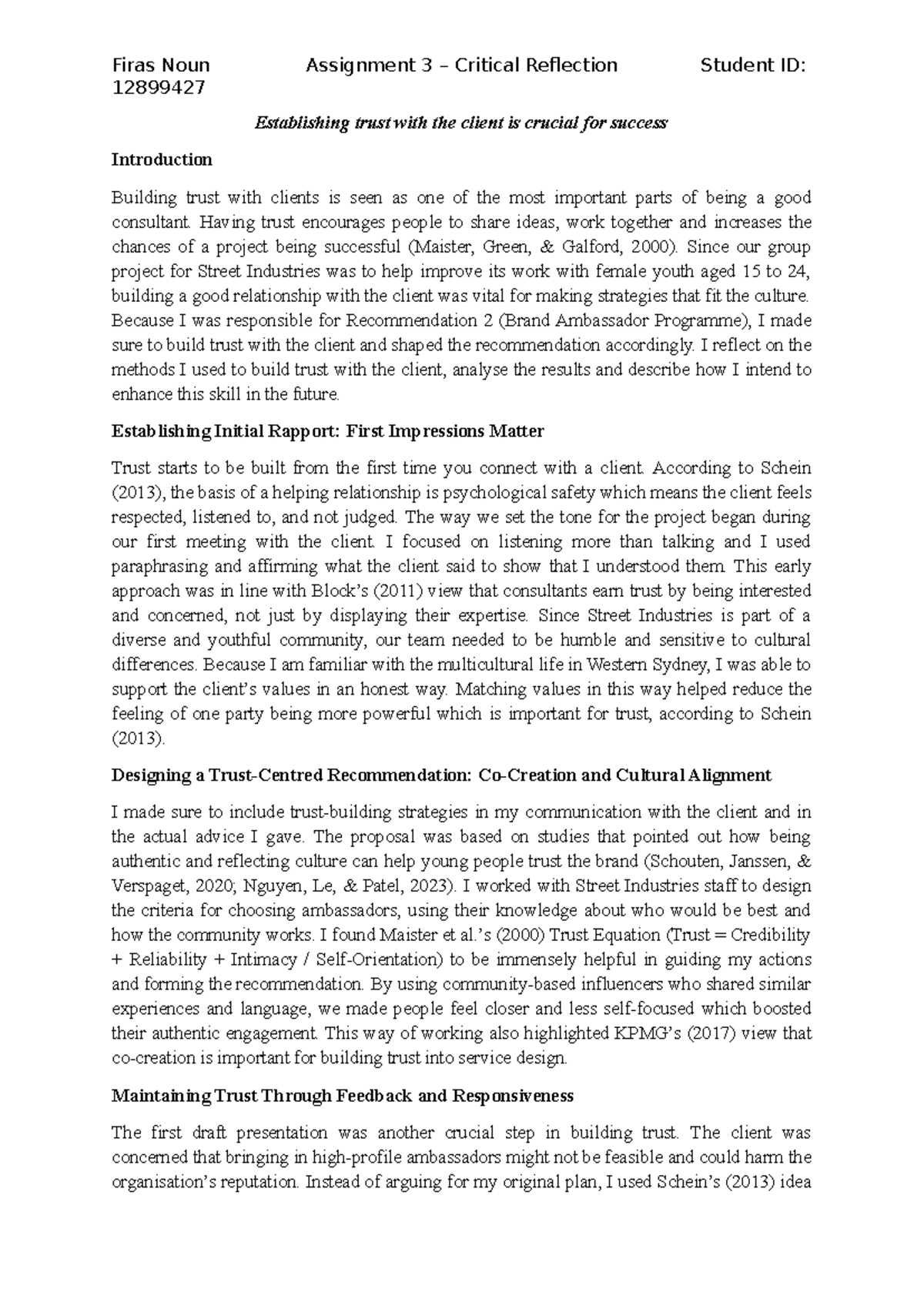 Assignment 3 - Critical Reflection on Building Client Trust - Studocu