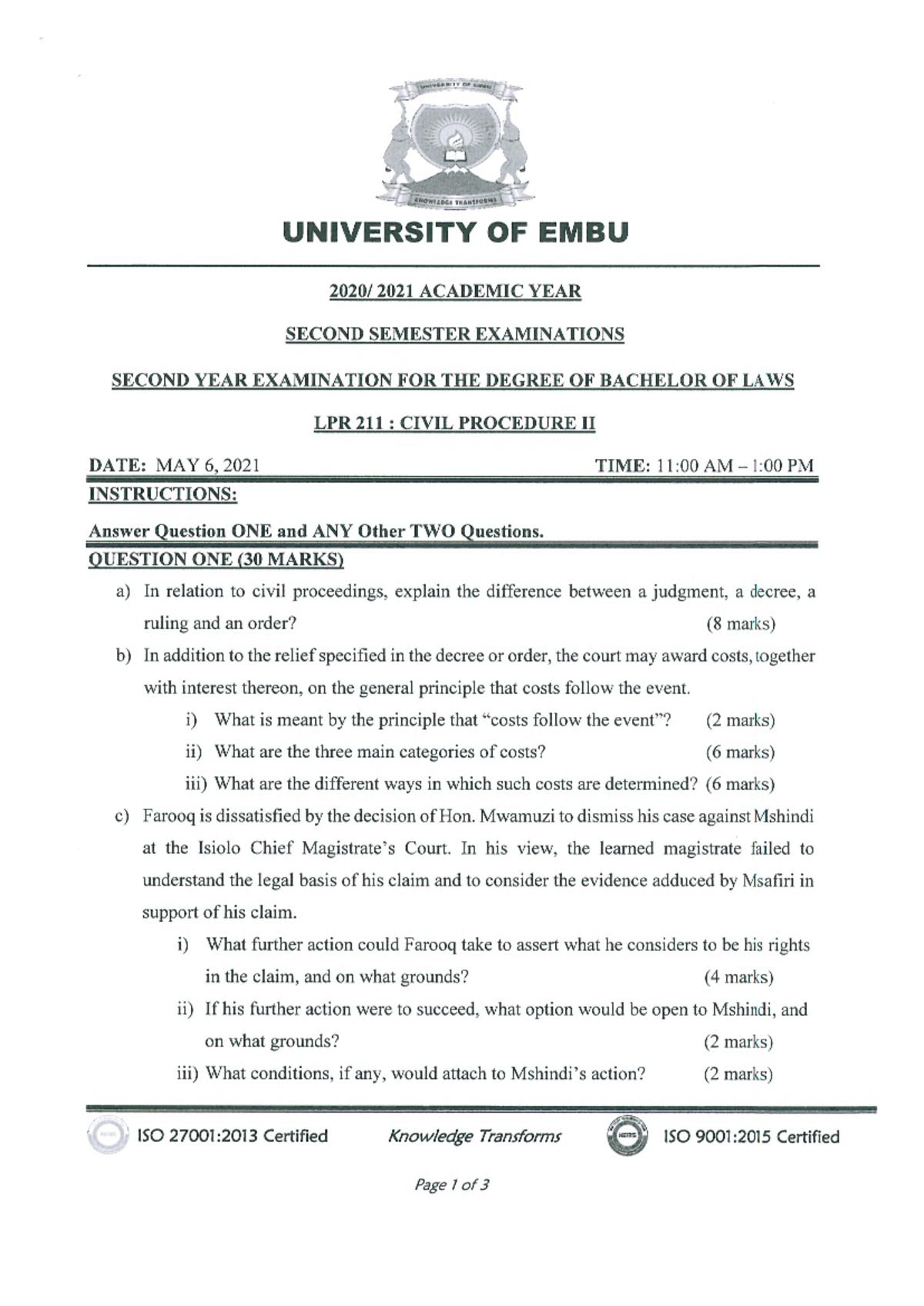 LPR 211: Civil Procedure II Final Exam Questions and Guidelines - Studocu