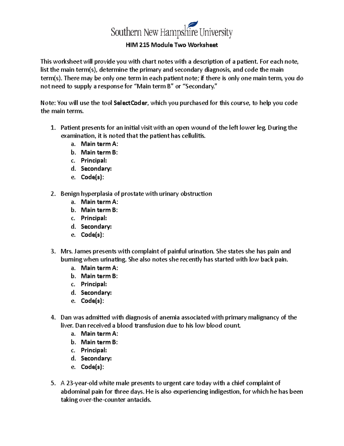 HIM 215 Module Two Chart Notes Worksheet & Coding Guide - Studocu