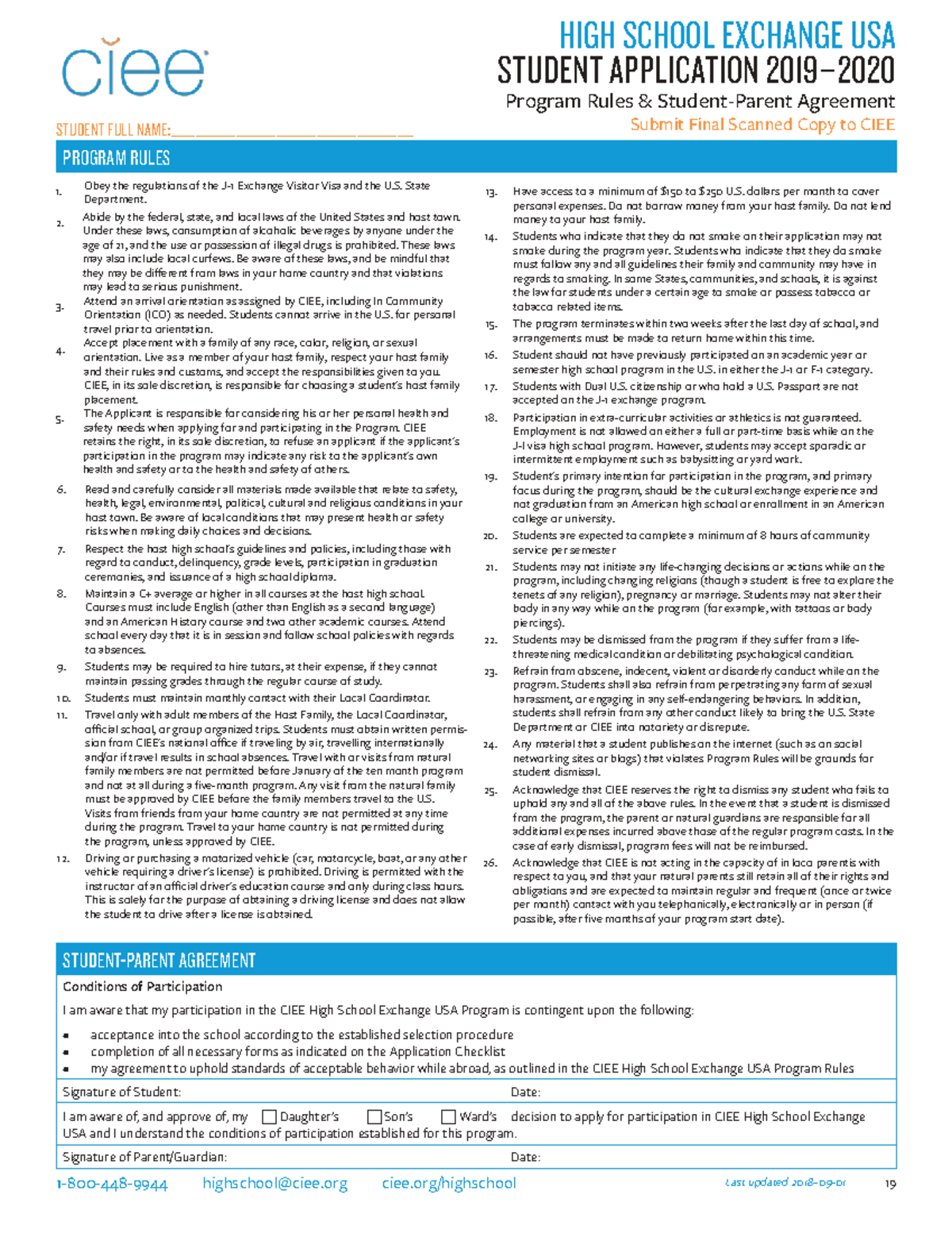 CIEE High School Exchange USA Program Rules Agreement 2019-20 - Studocu