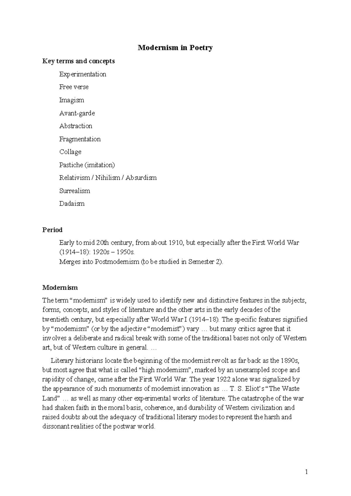 Modernism in Poetry: Key Terms & Concepts (ENG 101) - Studocu