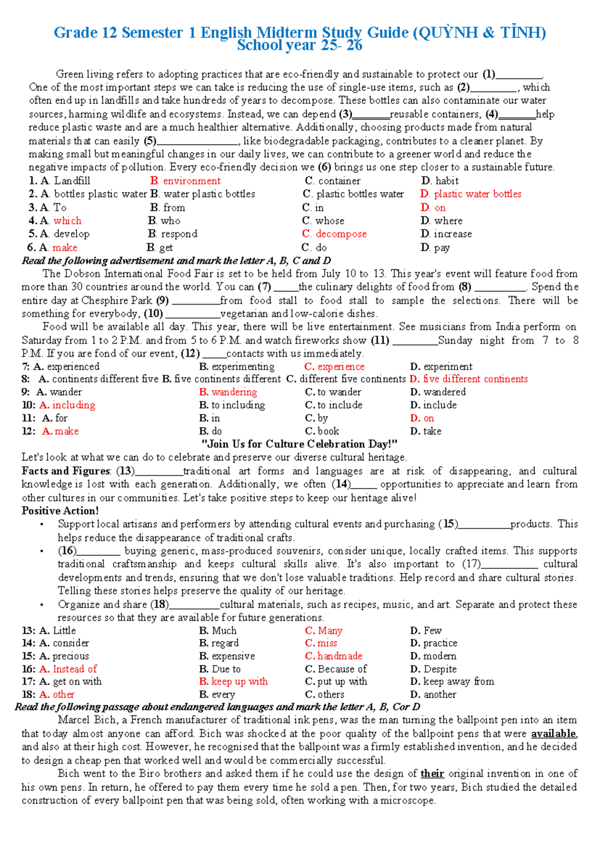 Grade 12 English Midterm Study Guide (QUỲNH TỈNH) - Semester 1 - Studocu