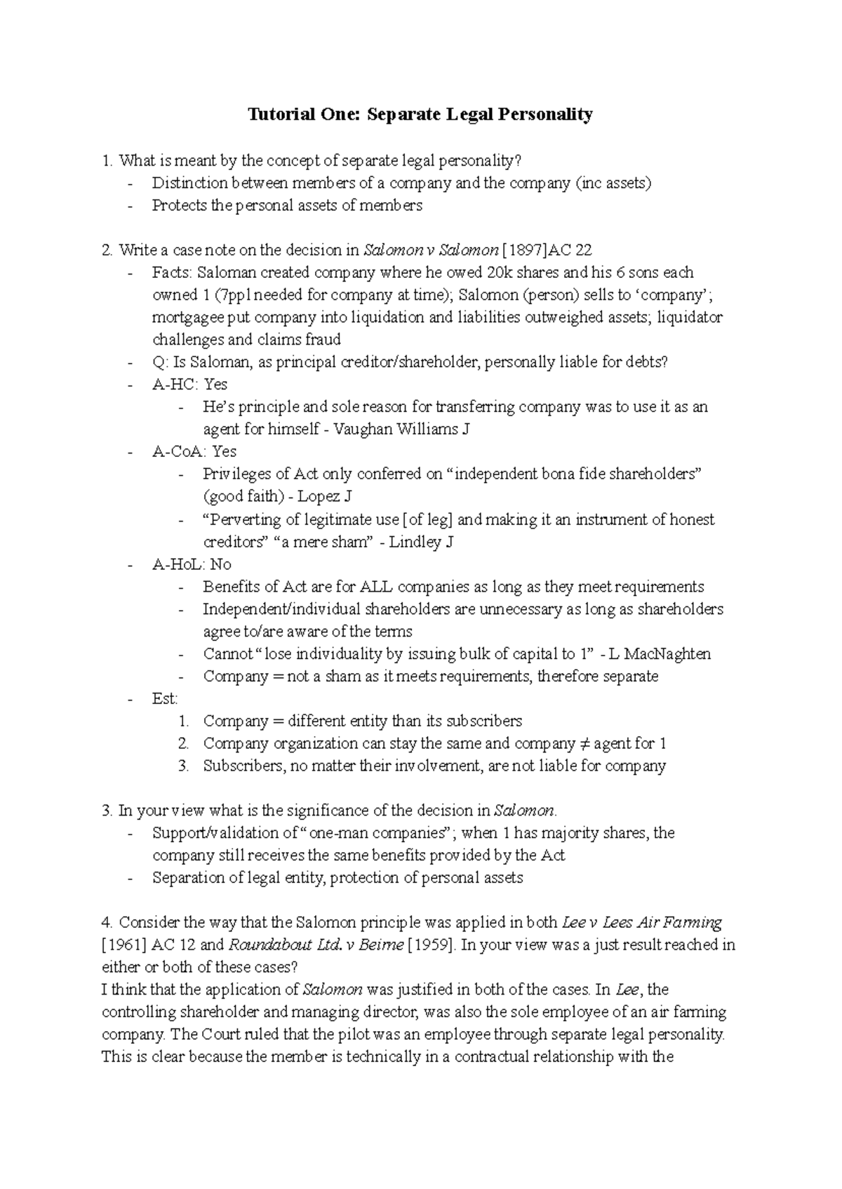 Tutorial 1: Understanding Separate Legal Personality and Salomon Case ...