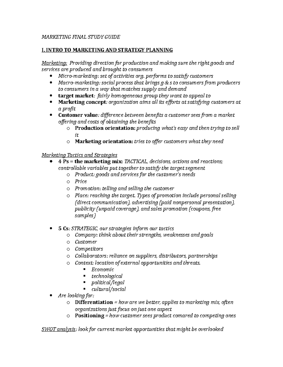 Marketing (MKTG 301) Final Study Guide for Successful Exam Prep - Studocu