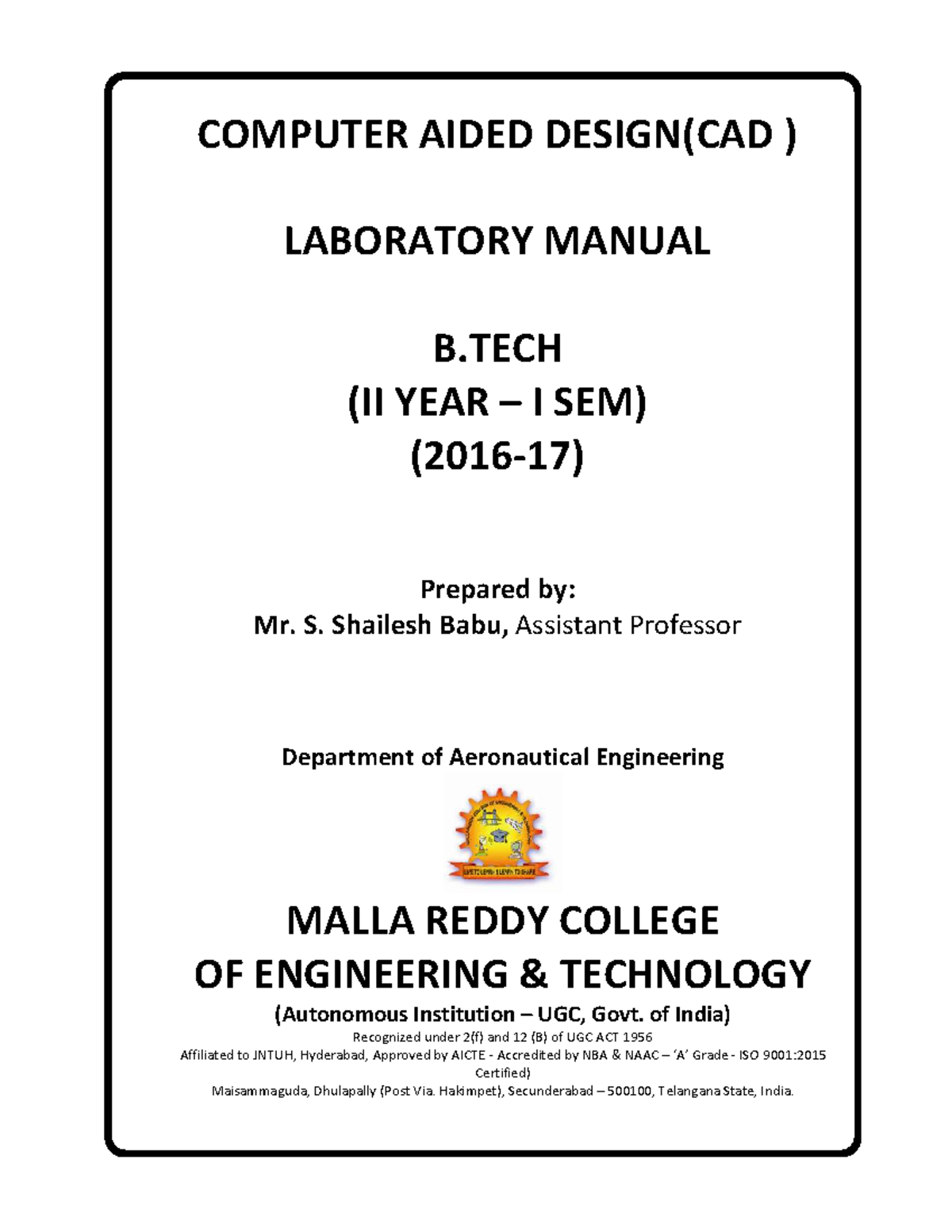 CAD Laboratory Manual for B.Tech II Year I Sem (Aeronautical) - Studocu