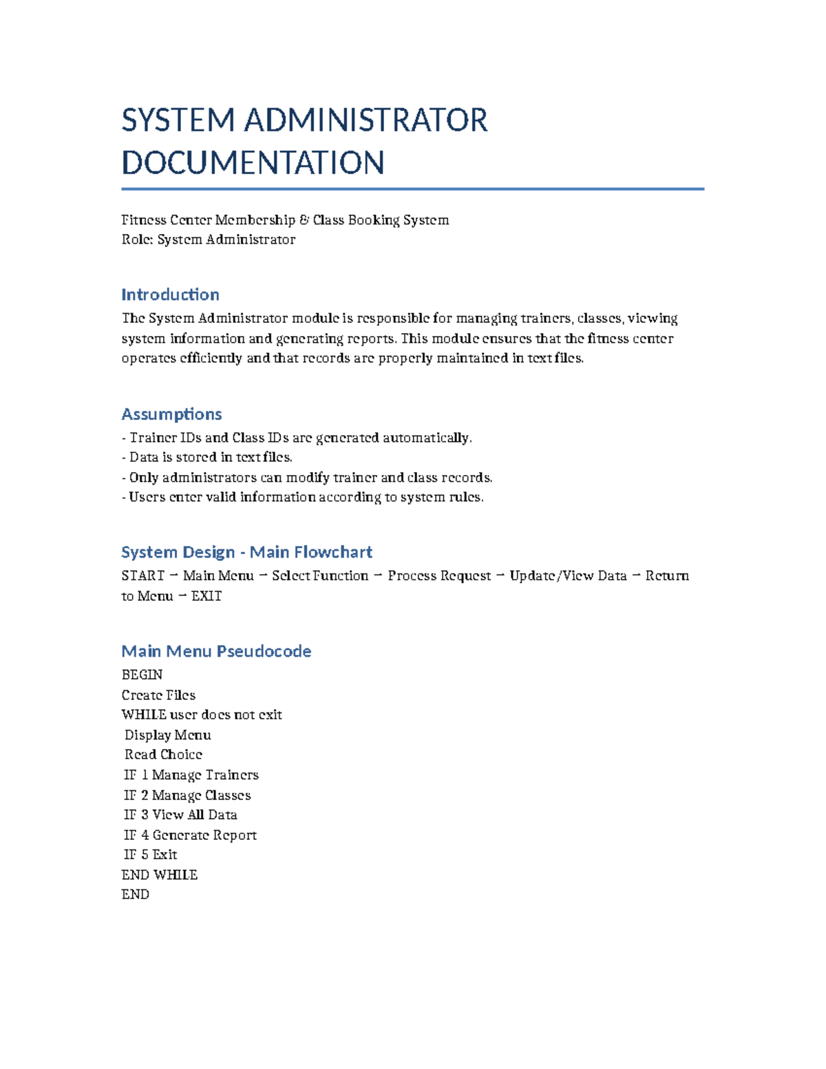 SYSTEM ADMINISTRATOR DOC: Fitness Center Class Booking System - Studocu