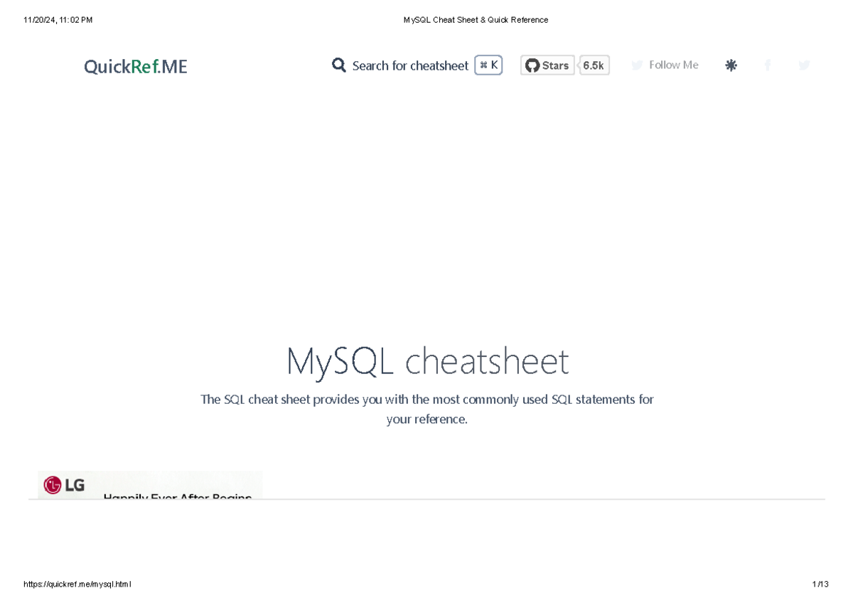 My SQL Cheat Sheet & Quick Reference - QuickRef Search for cheatsheet ⌘ ...