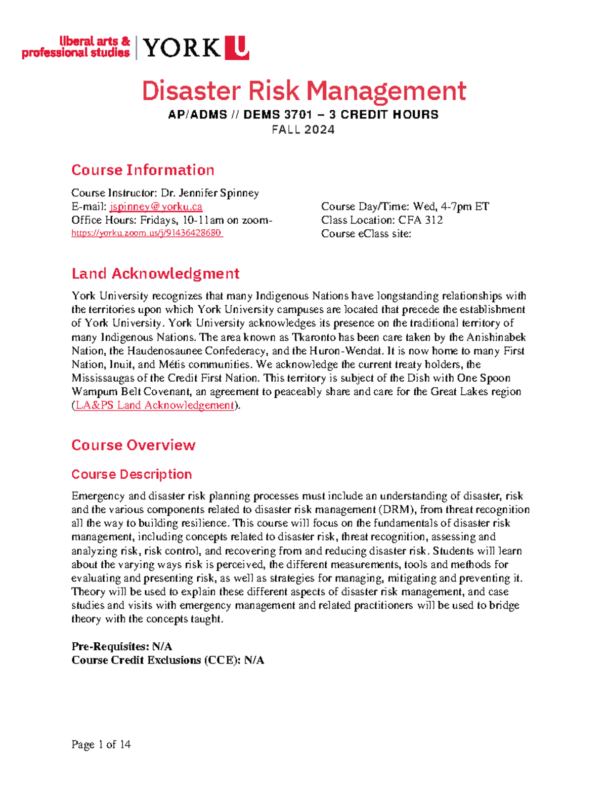 DEMS 3701 – Disaster Risk Management Course Outline (Fall 2024) - Studocu