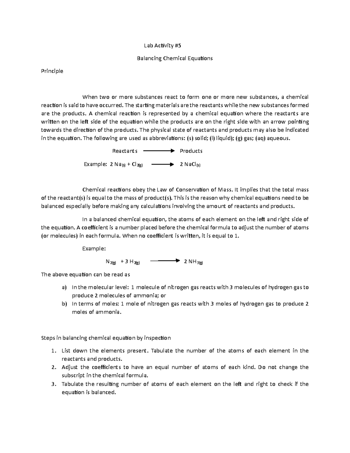 Lab Activity 5: Balancing Chemical Equations Principles - Studocu