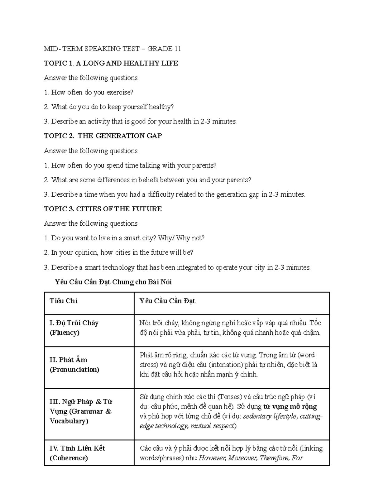 MIDTERM SPEAKING TEST GRADE 11: HEALTH, FAMILY & FUTURE CITIES - Studocu