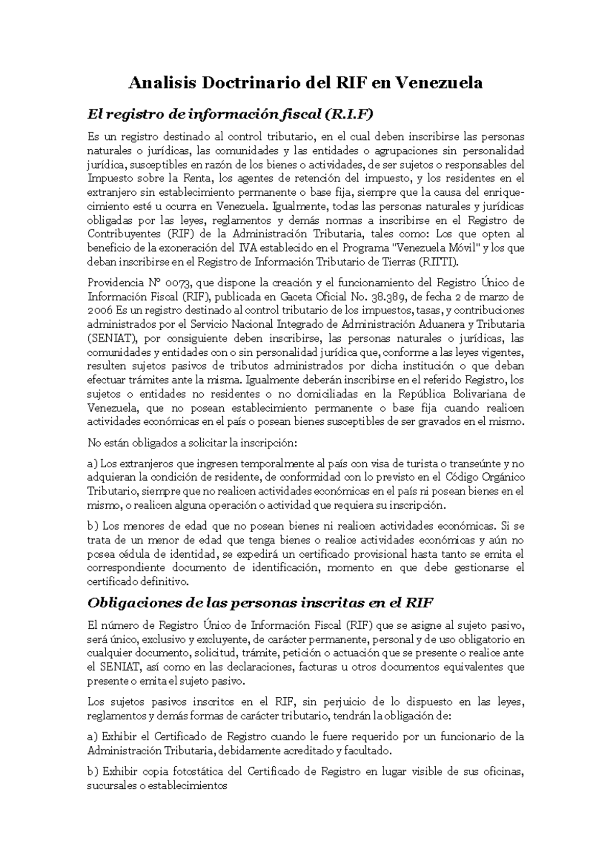 Análisis del Registro de Información Fiscal (RIF) en Venezuela - Studocu