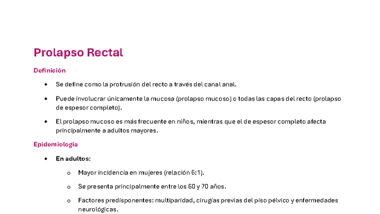 Prolapso Rectal: Definición, Epidemiología y Clasificación - Studocu