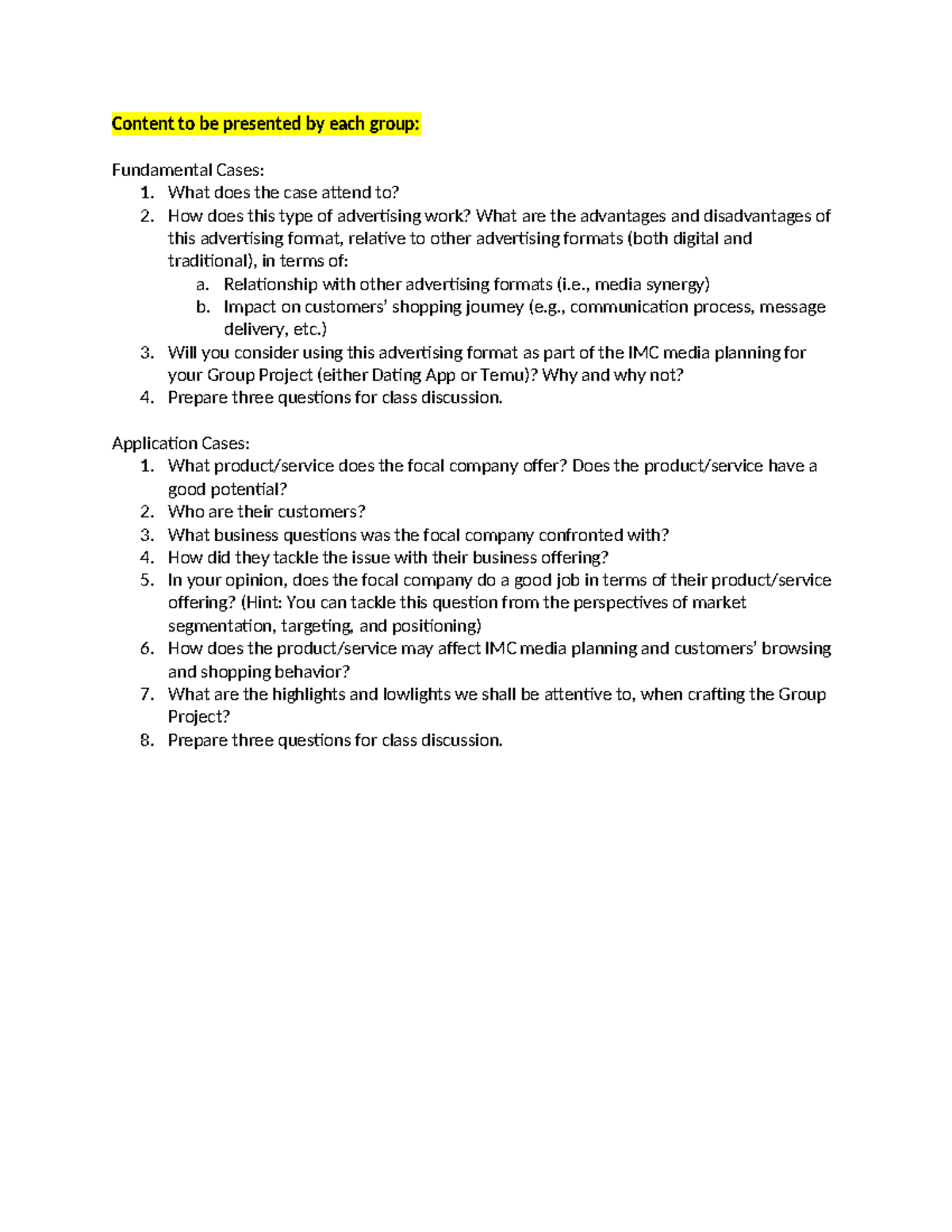 Case Presentation Questions: Advertising Formats & IMC Media Planning ...