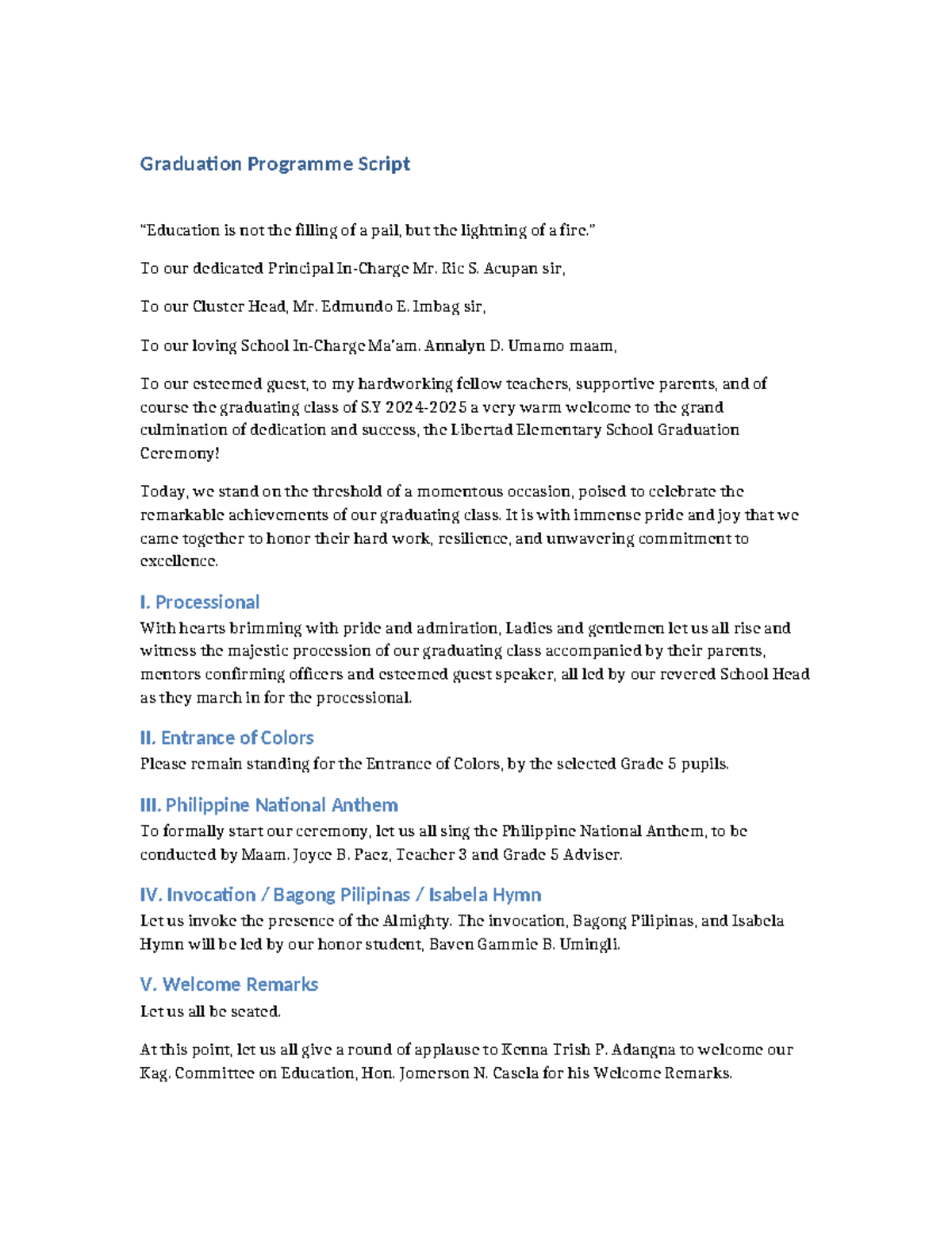 Graduation Ceremony Script for Libertad Elementary School (LES) - Studocu