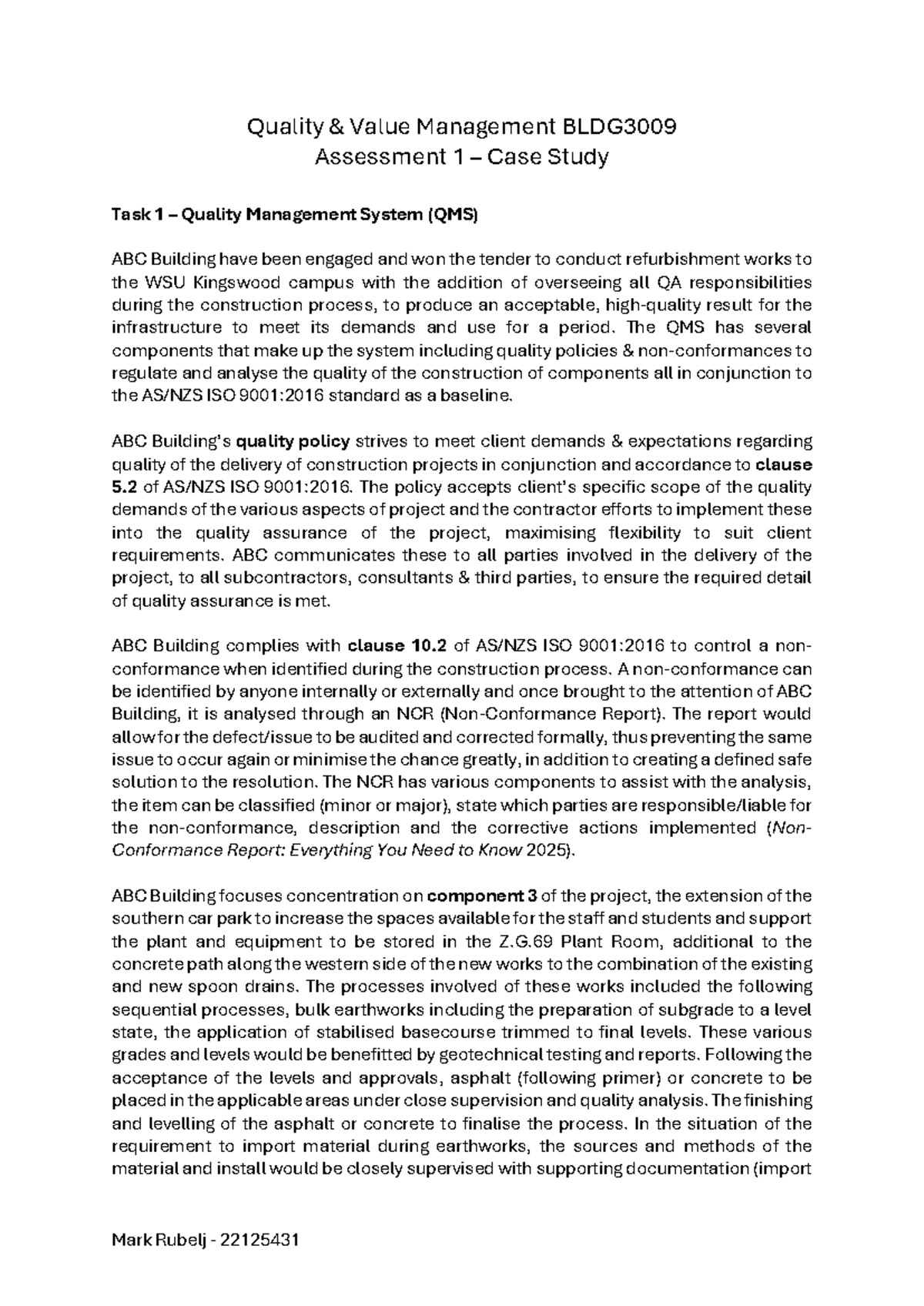 Quality & Value Management BLDG3009 Assessment 1: QMS Case Study - Studocu