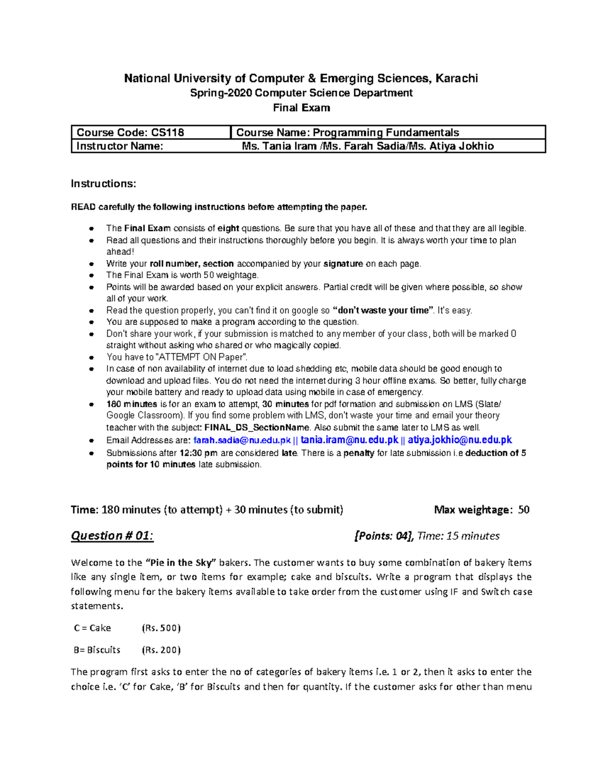 CS118 Final Exam - Programming Fundamentals Guidelines and Questions ...