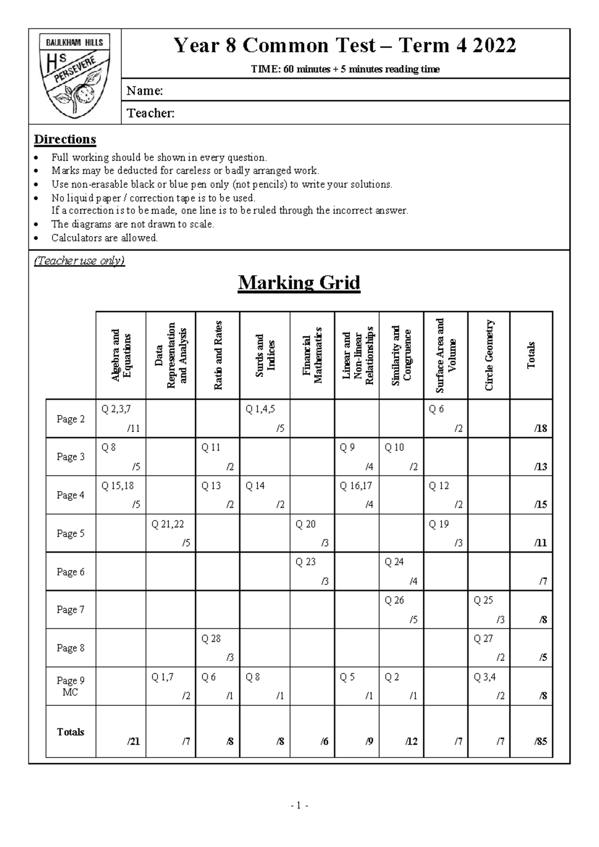 Year 8 Term 4 2022 - Mathematics Practice Questions - Studocu
