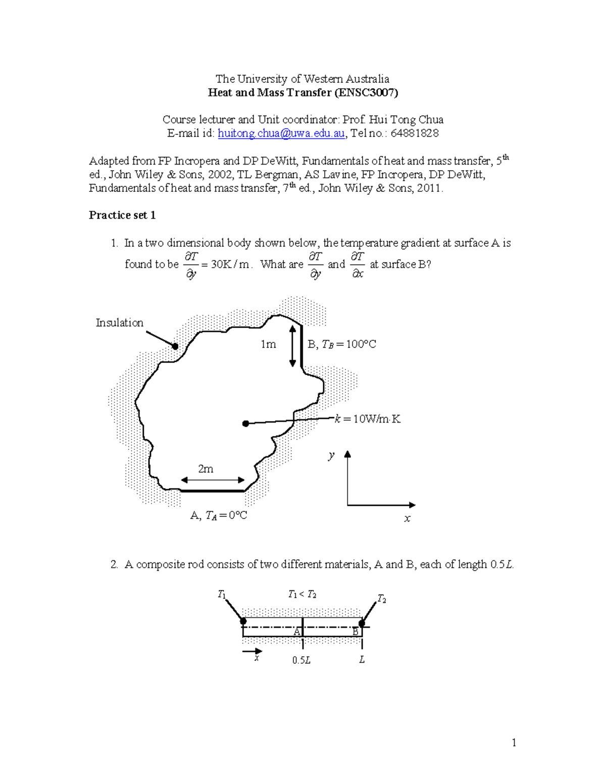 Heat and Mass Transfer Tutorial 1 Questions (ENSC3007) - Studocu