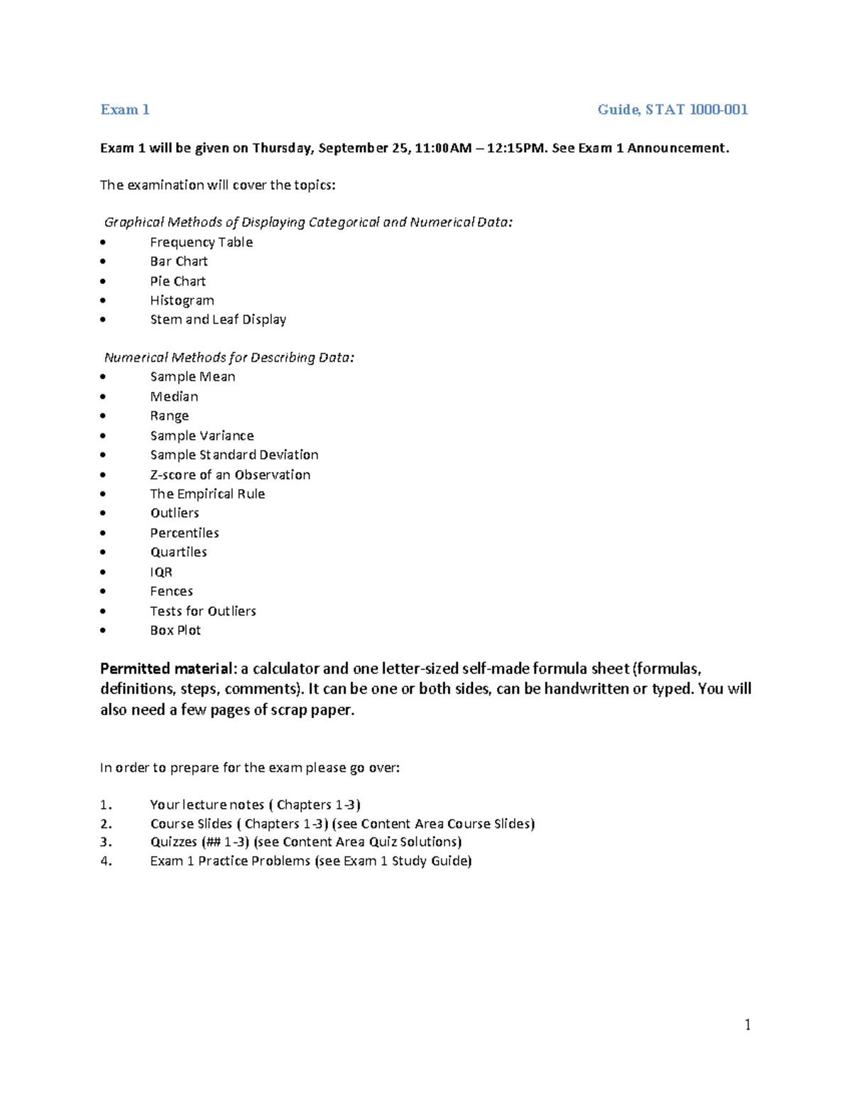 STAT1000-01 Exam 1 Study Guide: Key Topics & Preparation Tips - Studocu