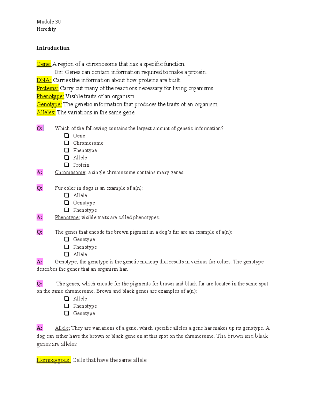 Module 30 Notes - Heredity Introduction Gene: A region of a chromosome ...