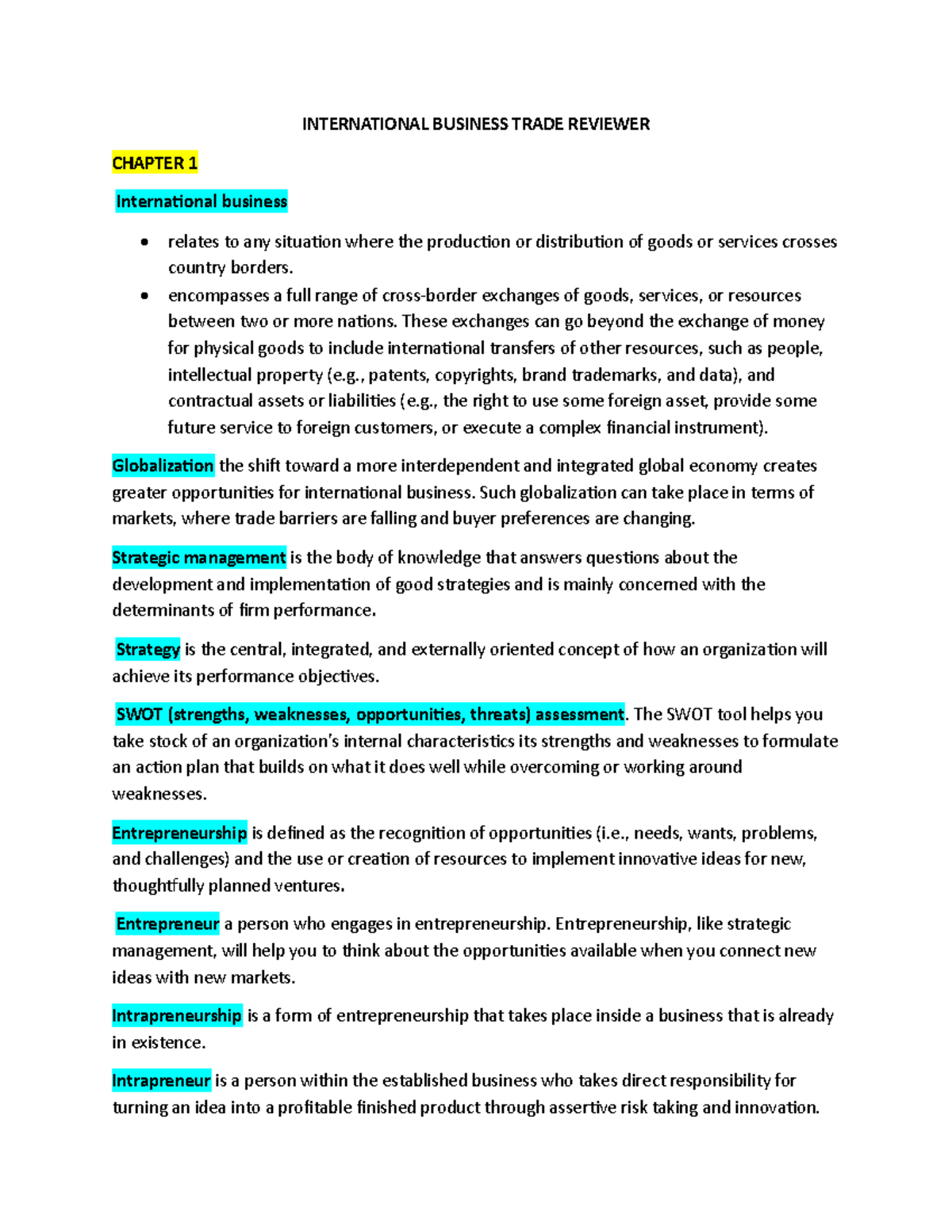 INTERNATIONAL BUSINESS TRADE REVIEWER CHAPTER 1 & 2 Insights - Studocu