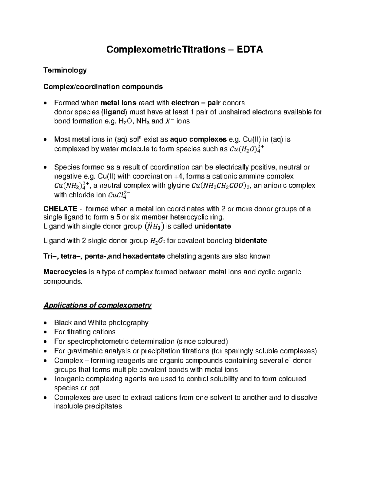 Complexometric Titration Notes - EDTA and Metal Ion Interactions - Studocu