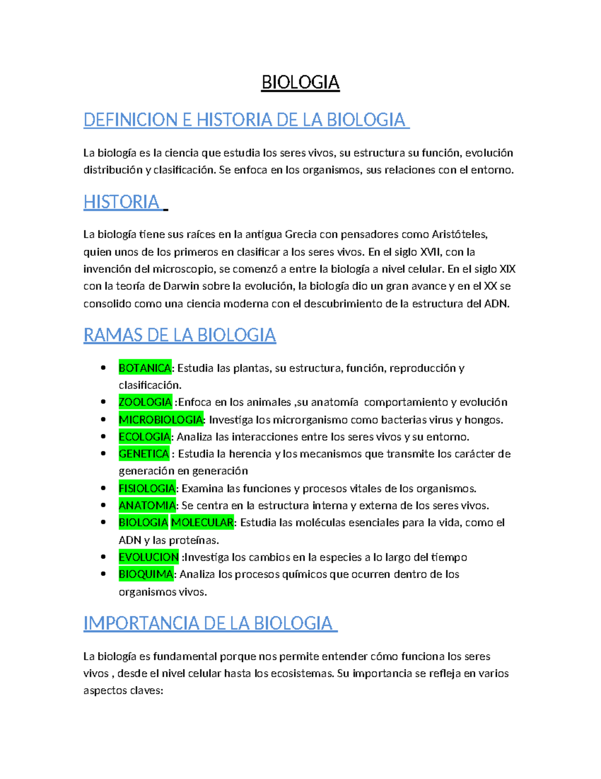 BIO 101: Definición e Historia de la Biología y sus Ramas - Studocu
