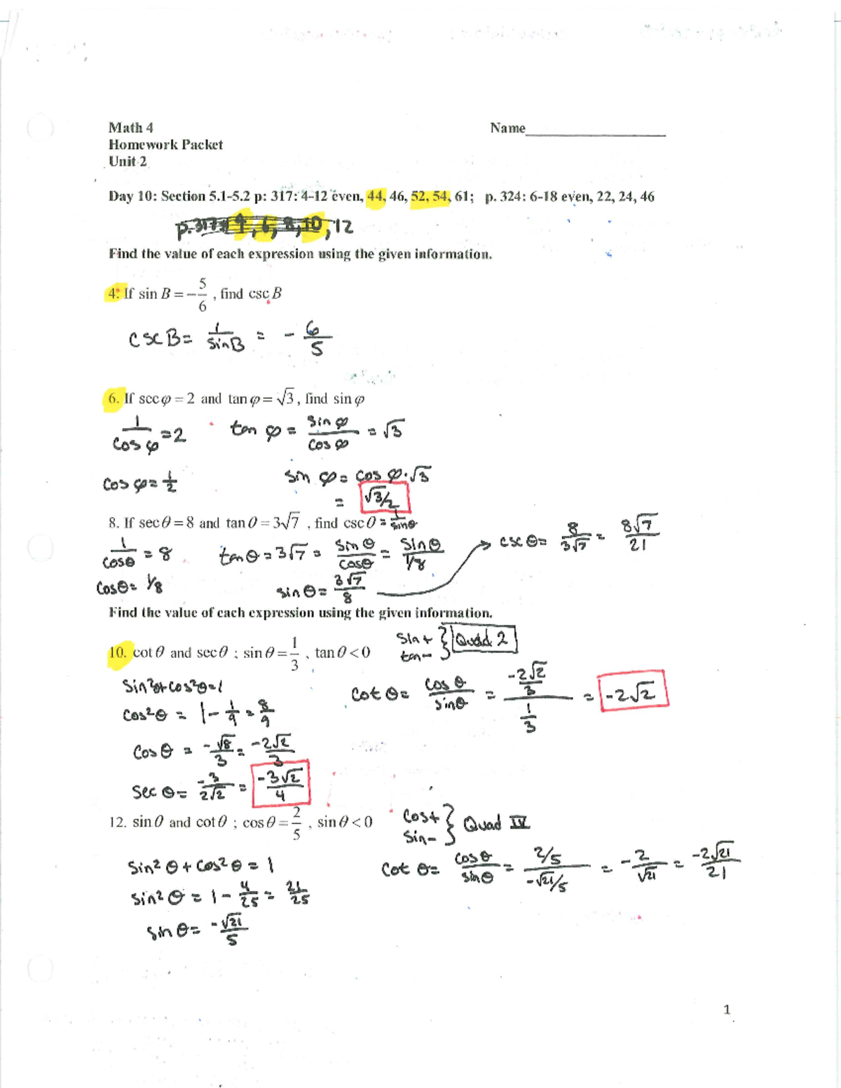 Trigonometry Homework Problems & Solutions: Math 4 Unit 2 Guide - Studocu