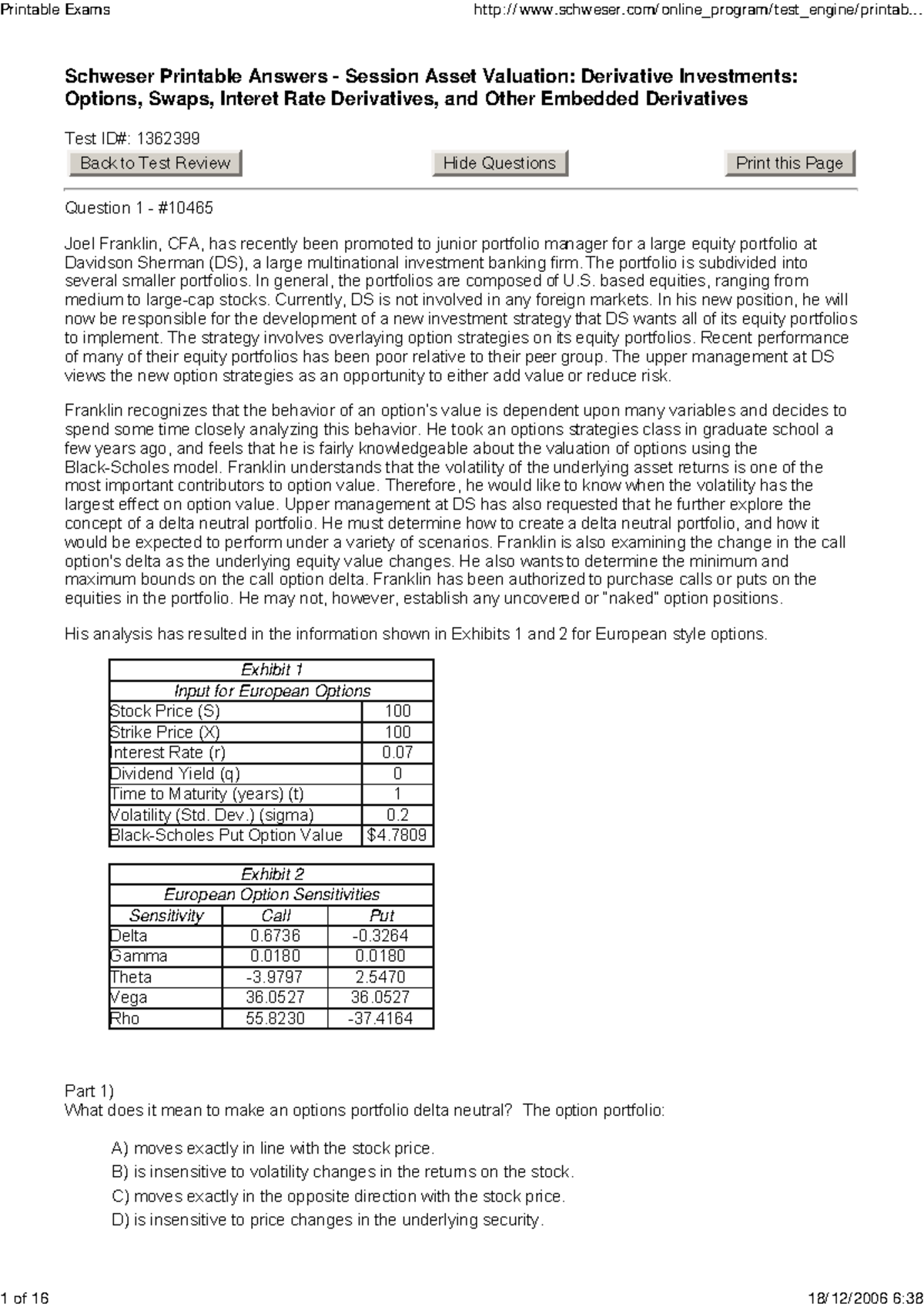 Derivatives Exam - CFA Level 1 Review on Options and Portfolio ...