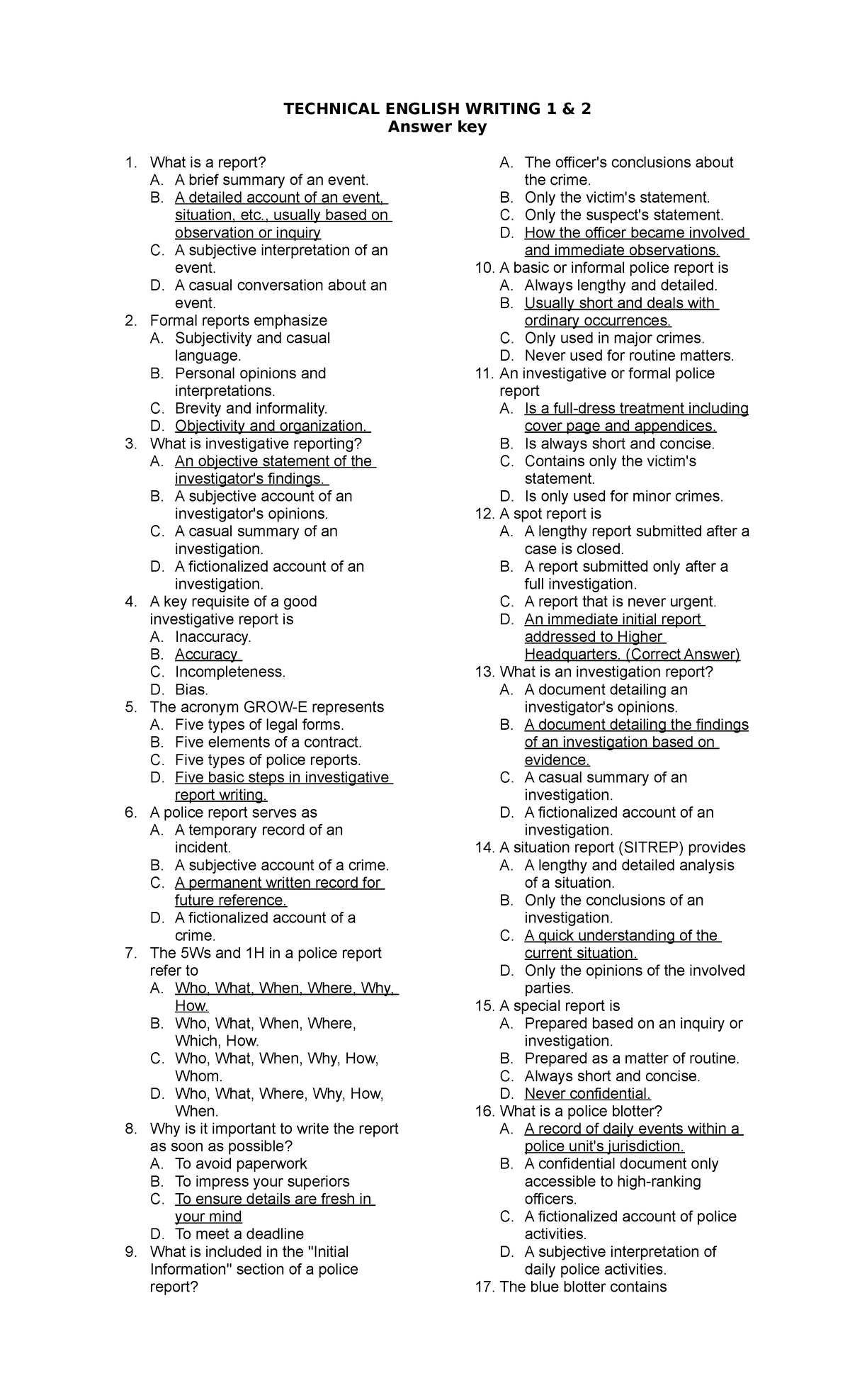 Technical English Writing 1: Answer Key for Report Writing Concepts ...