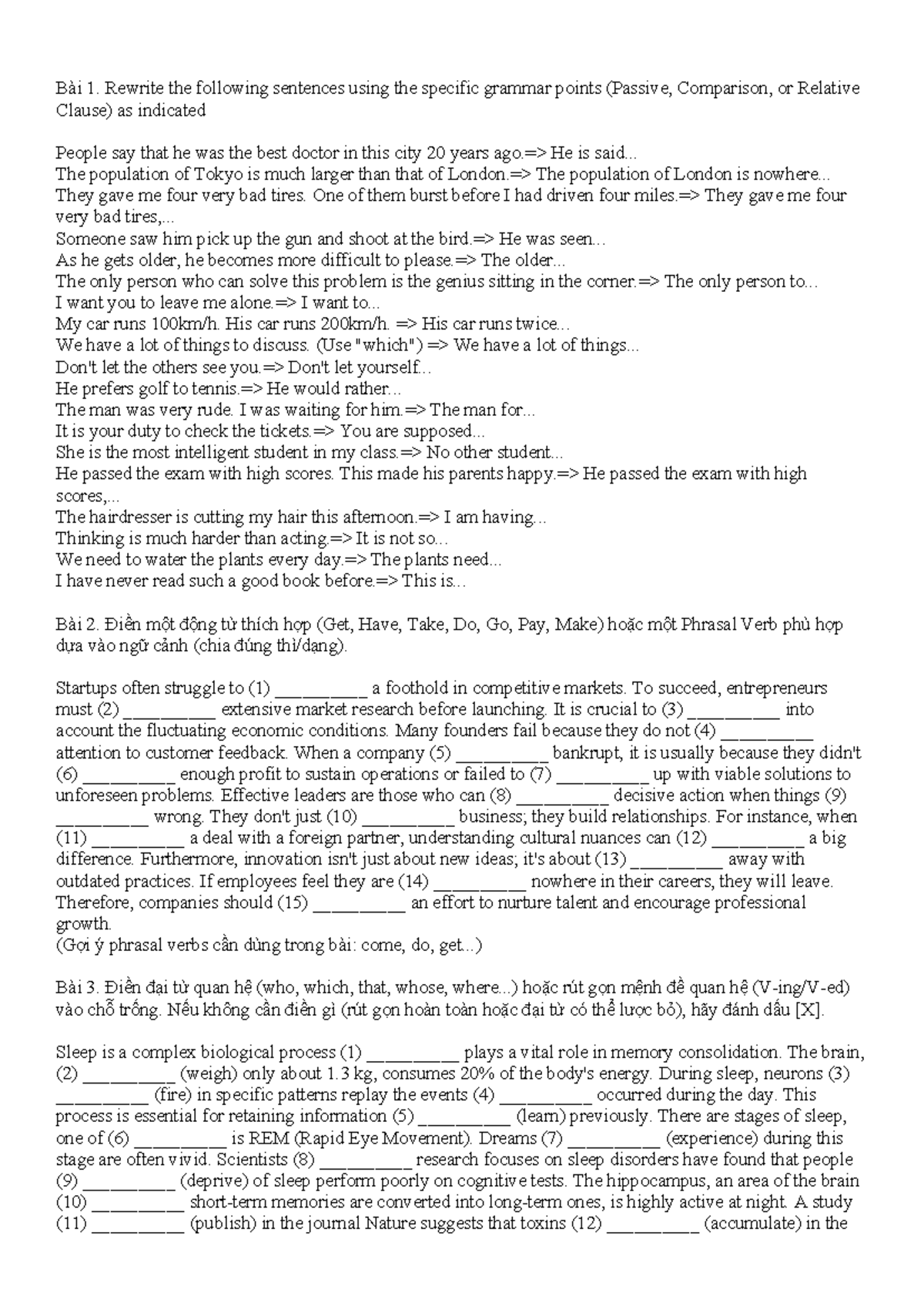 Bài 1, 2, 3: Grammar Exercises and Practice for FEQF 2023 - Studocu