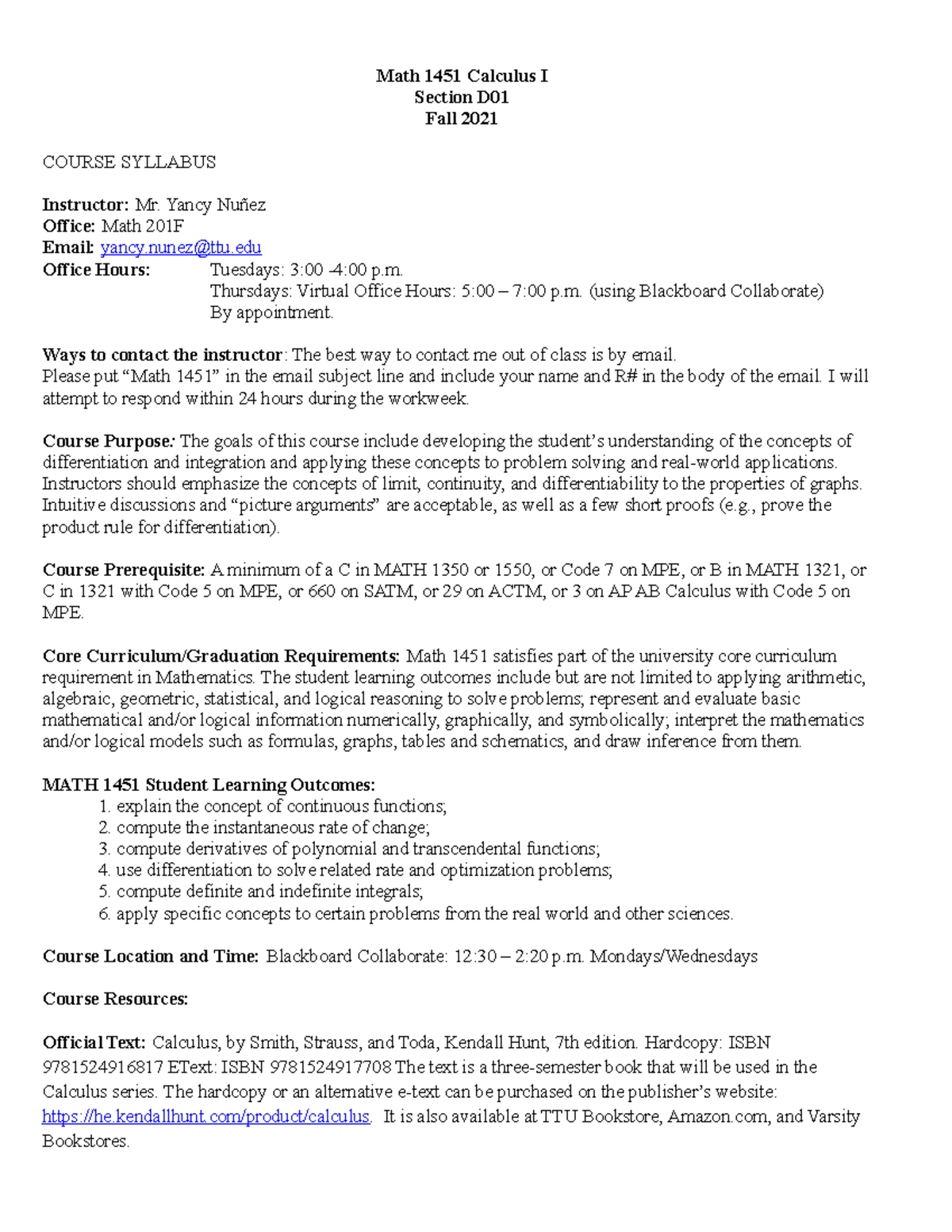 Fall 2021 MATH 1451 D01 Calculus I Course Syllabus and Overview - Studocu