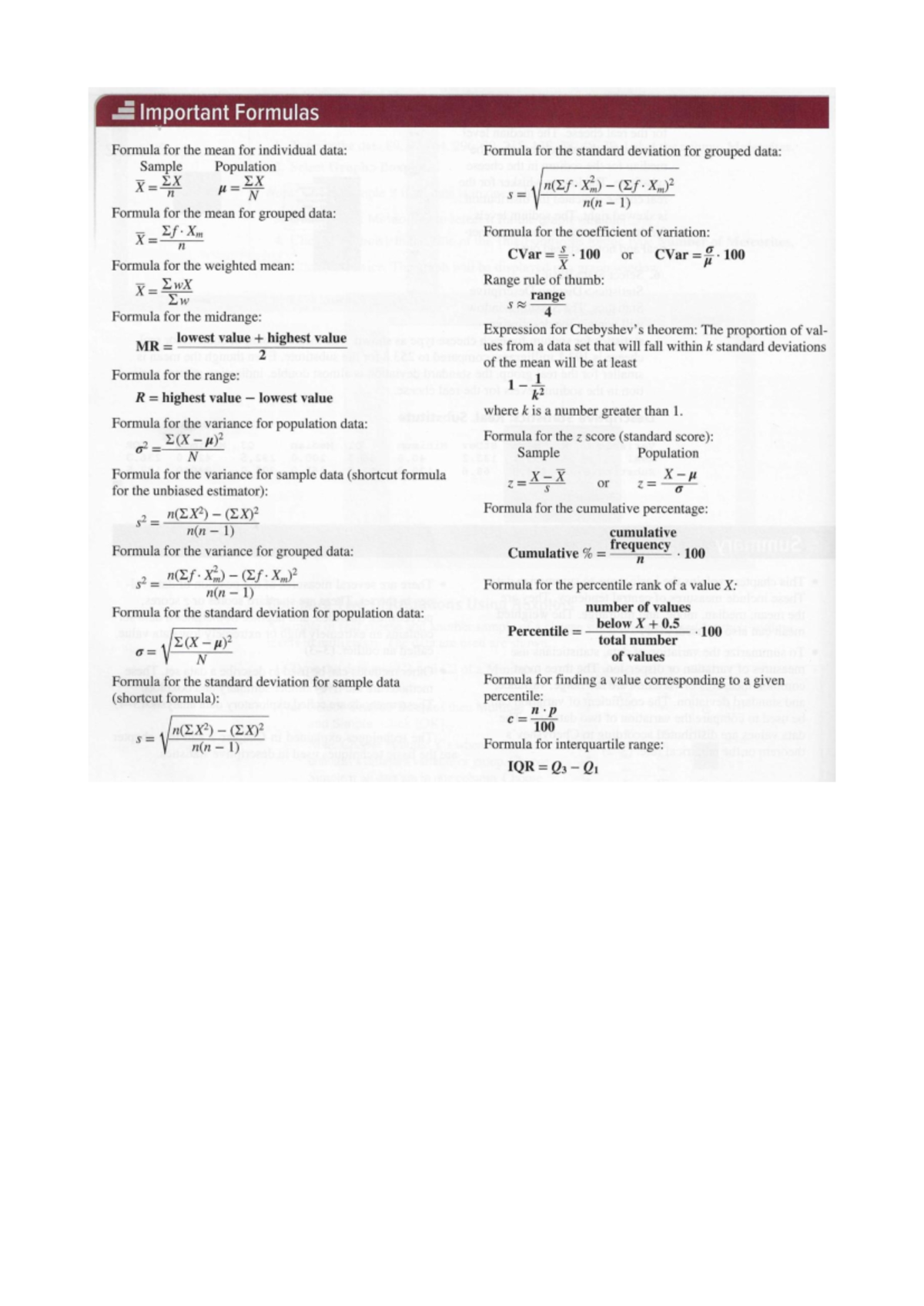 Important Formulas (Ch3-Ch9) - Important Formulas Formula for the mean ...